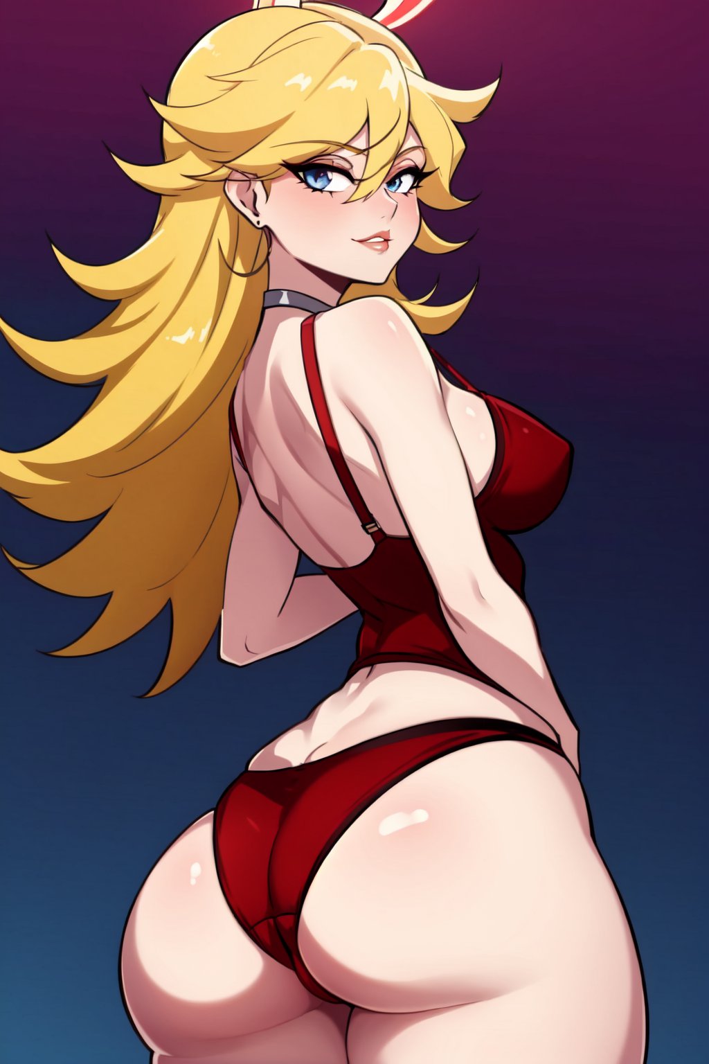1girls, ai generated, ass, big ass, blue eyes, curvy, eyebrows visible through hair, female, female only, long hair, panty & stocking with garterbelt, panty anarchy, rocksolidart, solo, solo female, wide hips