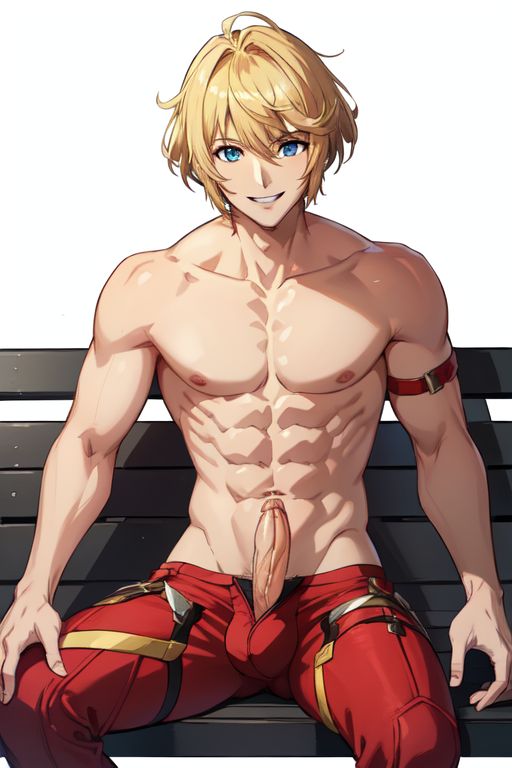 1male ai_generated armwear blonde_hair blue_eyes erect_penis erection male male_nipples male_only monolith_soft nintendo park_bench penis penis_out red_pants short_hair shulk_(xenoblade) six_pack smile white_background xenoblade_(series) xenoblade_chronicles xenoblade_chronicles_(series)