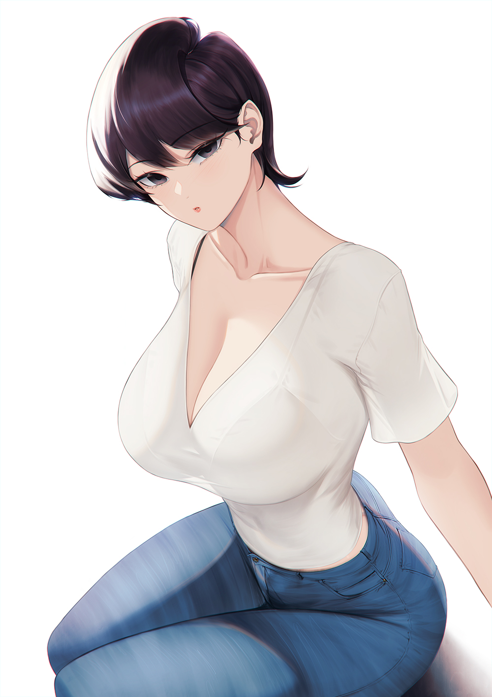 1girls alternate_version_available big_breasts black_bra black_eyes blue_pants blueorca bottomwear bra bra_visible_through_clothes breasts female female_only hair huge_breasts komi-san_wa_komyushou_desu komi_shuuko mature mature_female mature_woman milf mother pants purple_hair sfw_version sfw_version_available shirt short_hair solo topwear white_background white_shirt