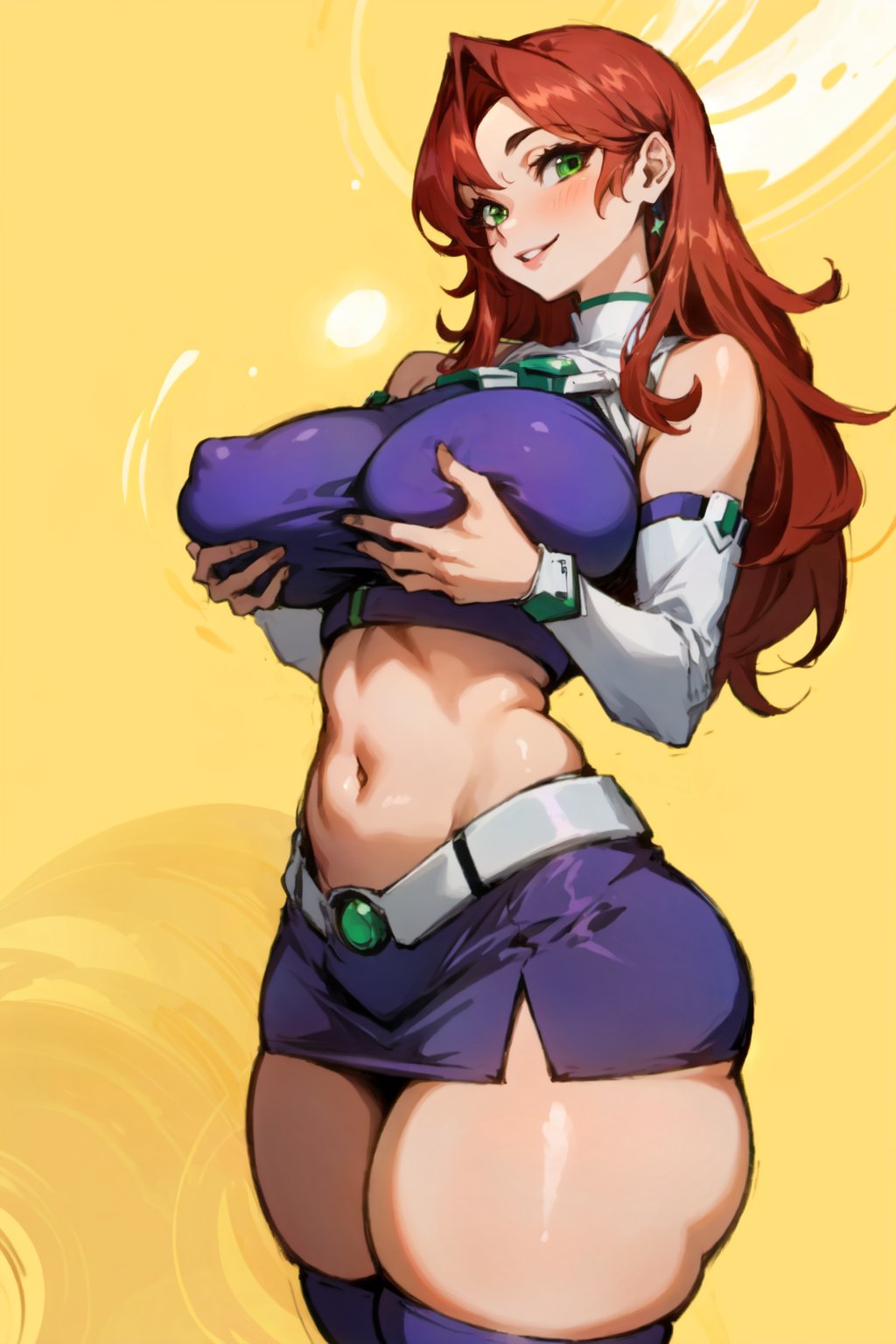 1girls, ai generated, big breasts, breasts, clothed, clothing, curvy, dc, dc comics, earrings, female, female only, green eyes, koriand'r, long hair, navel, nipple bulge, rocksolidart, smile, solo, solo female, starfire, teen titans, thick thighs, wide hips
