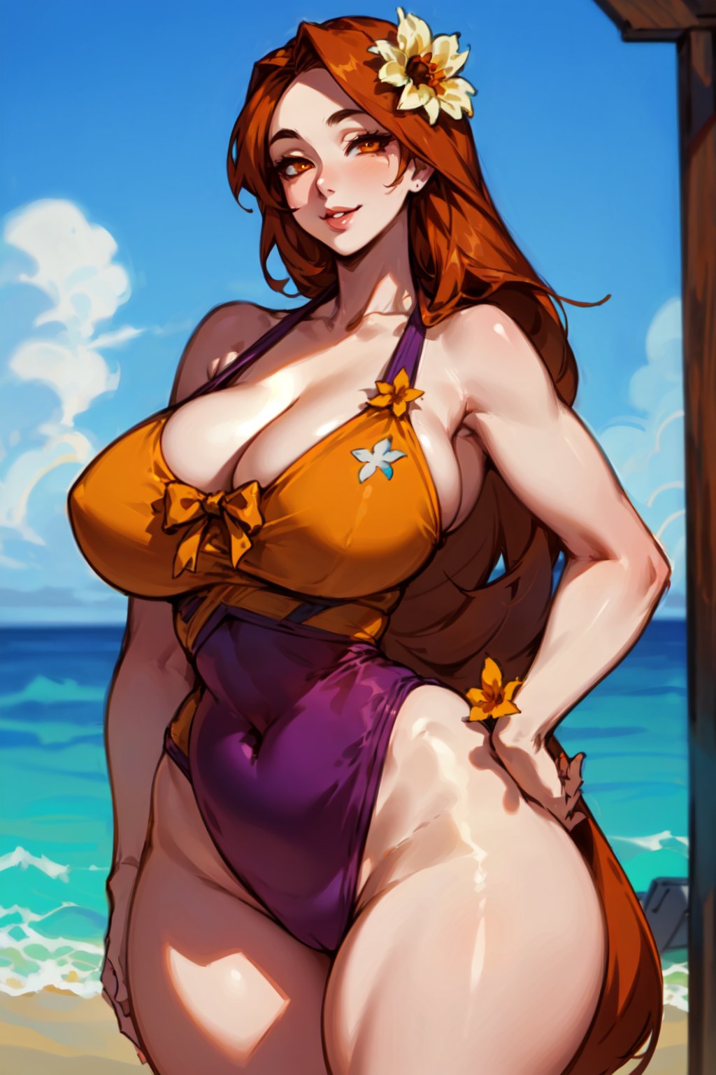 1girls ai_generated big_breasts breasts cameltoe cleavage curvy female female_only flower flower_in_hair hourglass_figure league_of_legends leona_(league_of_legends) navel_visible_through_clothes pool_party_leona riot_games rocksolidart seaside solo solo_female thick_thighs voluptuous wide_hips