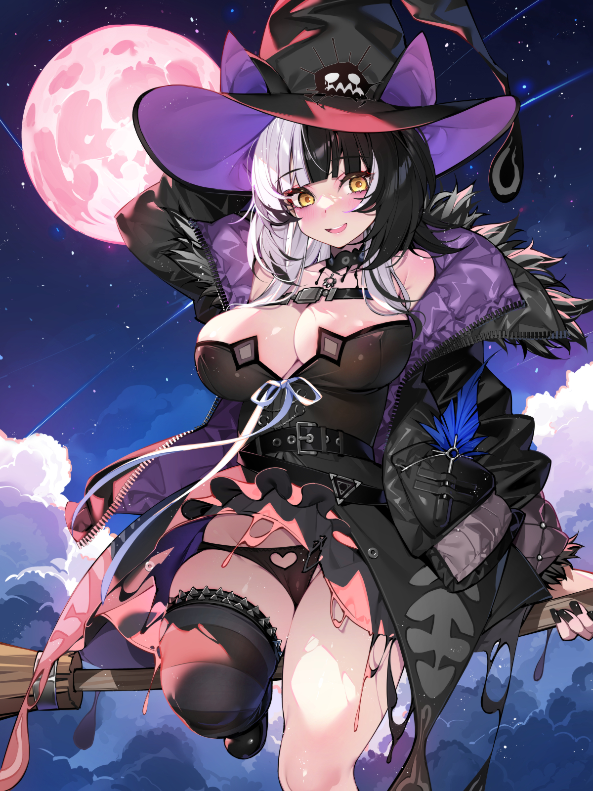 1girls, bare shoulders, big breasts, black hair, black nails, black panties, blush, breasts, cleavage, female, grey hair, hololive, hololive english, hololive english -advent-, large breasts, nail polish, open mouth, shiori novella, thighs, two-tone hair, virtual youtuber, waterring, witch, witch hat, yellow eyes