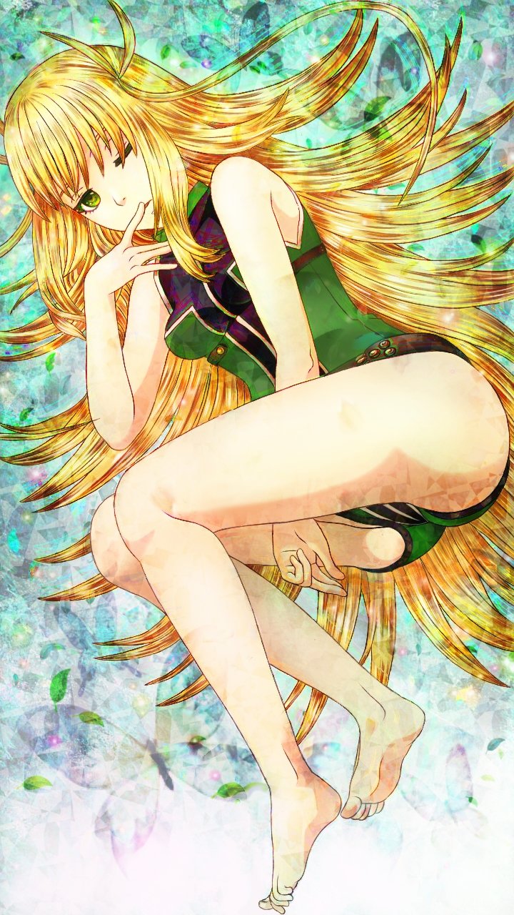 blonde_hair breasts feet female finger_in_mouth go!_go!_loser_ranger! green_eyes green_suit hisui_kanon legs long_hair ranger_reject sentai_daishikkaku solo