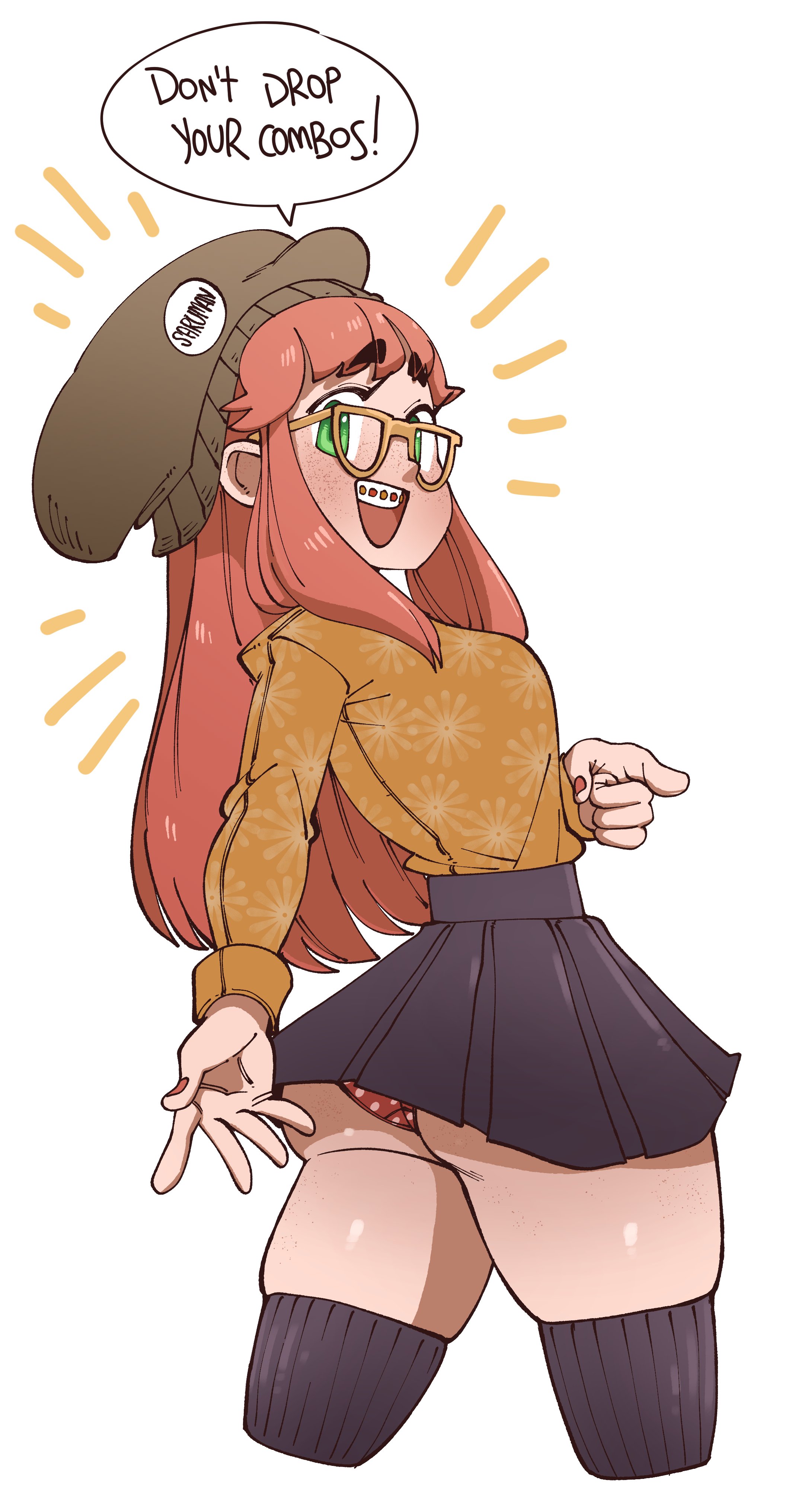 1girls, ass, ass hanging out of skirt, beanie, cosmica (nuclearwasabi), dialogue, eyelashes, female, freckles, green eyes, happy, huge ass, long hair, looking at viewer, looking back, nuclearwasabi, panchira, panties, pointing, polka dot panties, red hair, speech bubble, text, zettai ryouiki