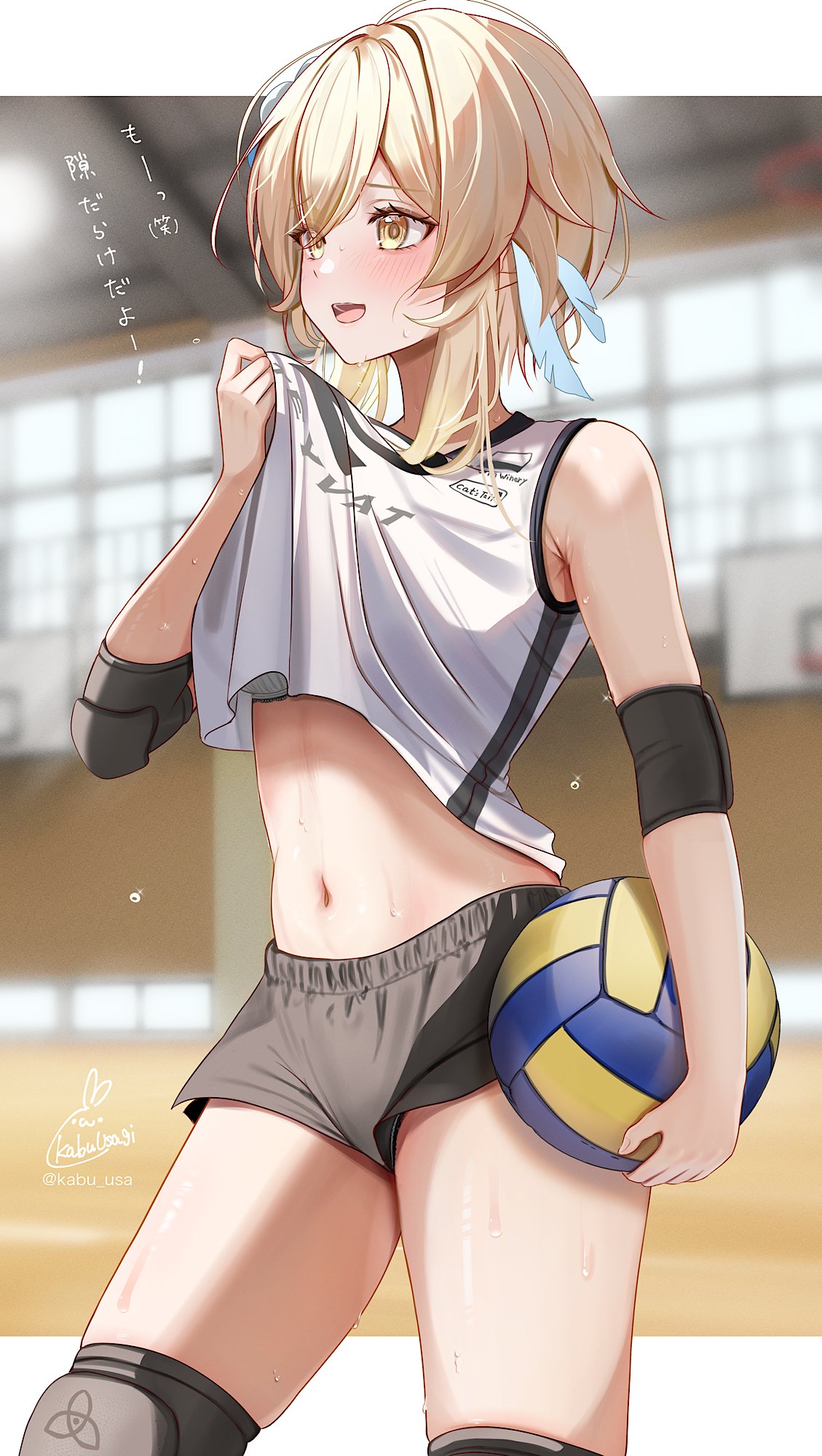 1girls ball blonde_hair blush cameltoe female female_focus female_only genshin_impact gold_eyes hoyoverse japanese_text kabu_usagi lumine_(genshin_impact) medium_breasts open_belly short_hair smile smiling smiling_at_another sport sports sports_bra sports_uniform sportswear sweat sweatdrop sweating tagme tagme_(artist) volleyball yellow_eyes