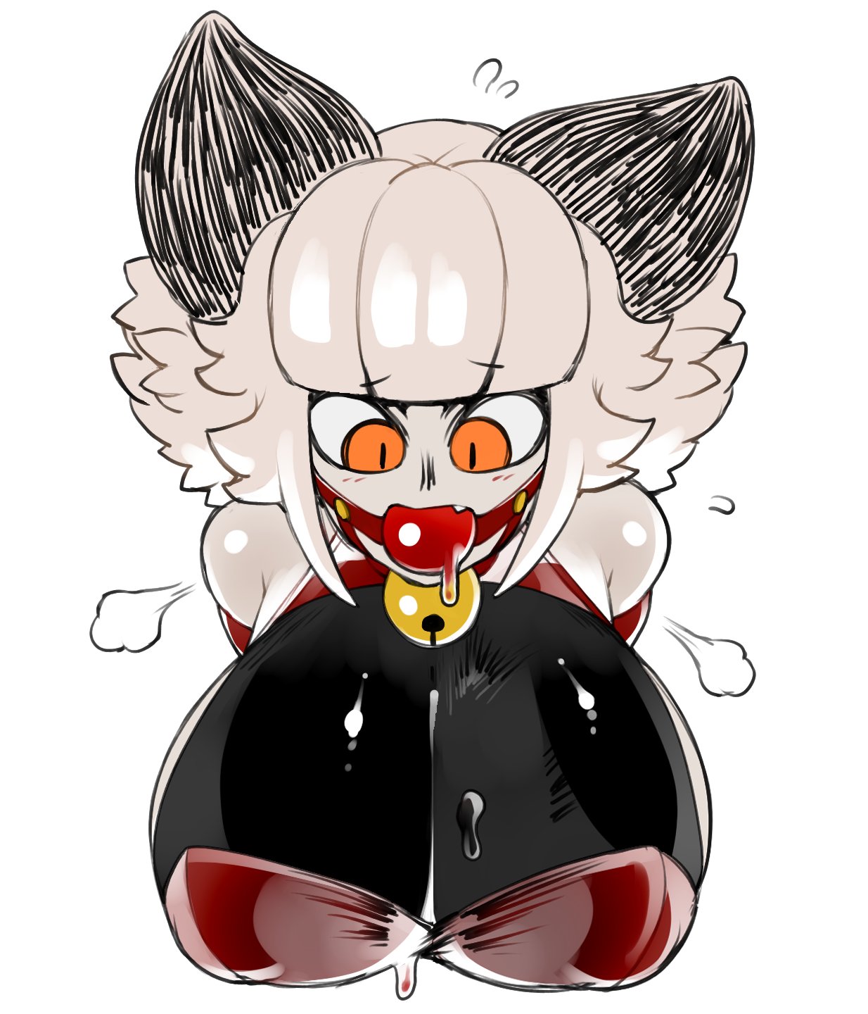 ball gag, bell, big breasts, bondage, breasts, cat ears, catmaid (dizzyspells), dizzyspells, female, huge breasts, sweat, sweatdrop, sweating