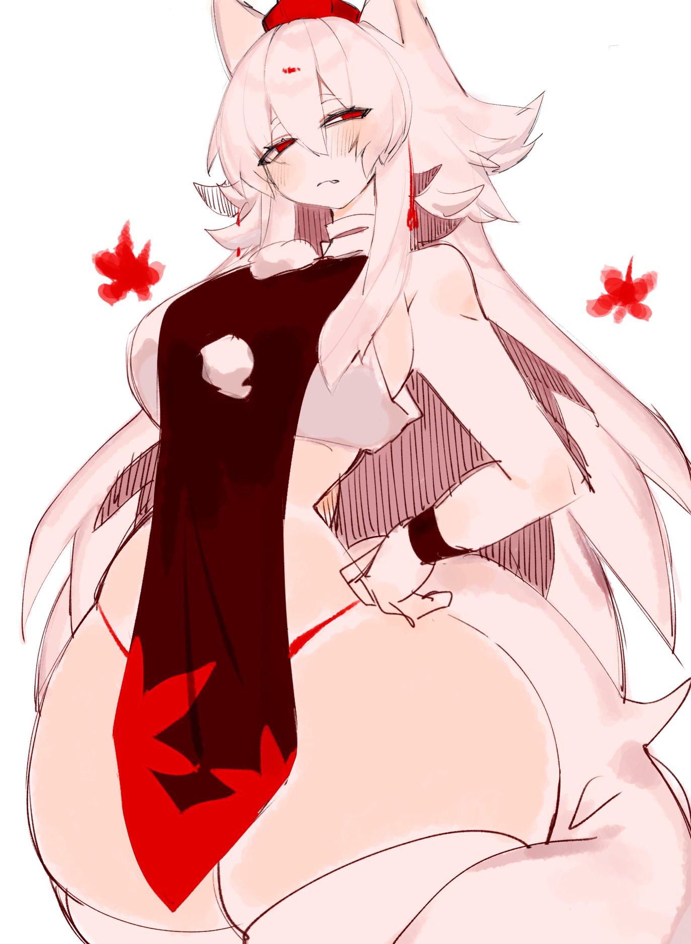 animal ears, ass, big ass, big breasts, big thighs, blush, breasts, clothing, female, gigantic ass, gigantic thighs, huge ass, huge breasts, huge thighs, long hair, looking to the side, momiji inubashiri, red eyes, tagme, tail, thick hips, thick thighs, thighhighs, thighs, touhou, usa37107692, white fur, white hair