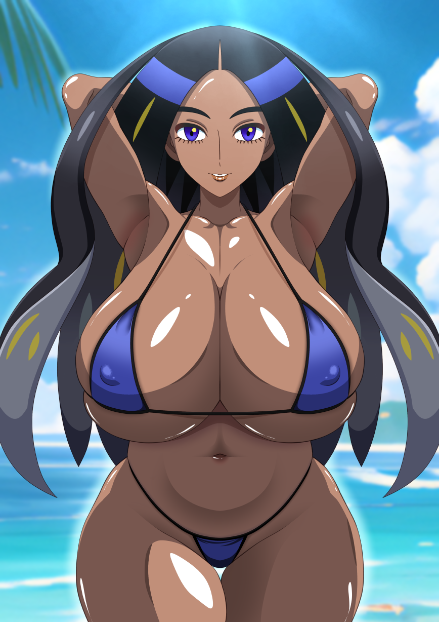 1girls alternate_breast_size beach bikini black_hair breasts brown_skin dark-skinned_female dark_skin female game_freak geeta_(pokemon) hips huge_breasts long_hair nintendo outdoors pokemon pokemon_sv s.forest thick_thighs thighs wide_hips