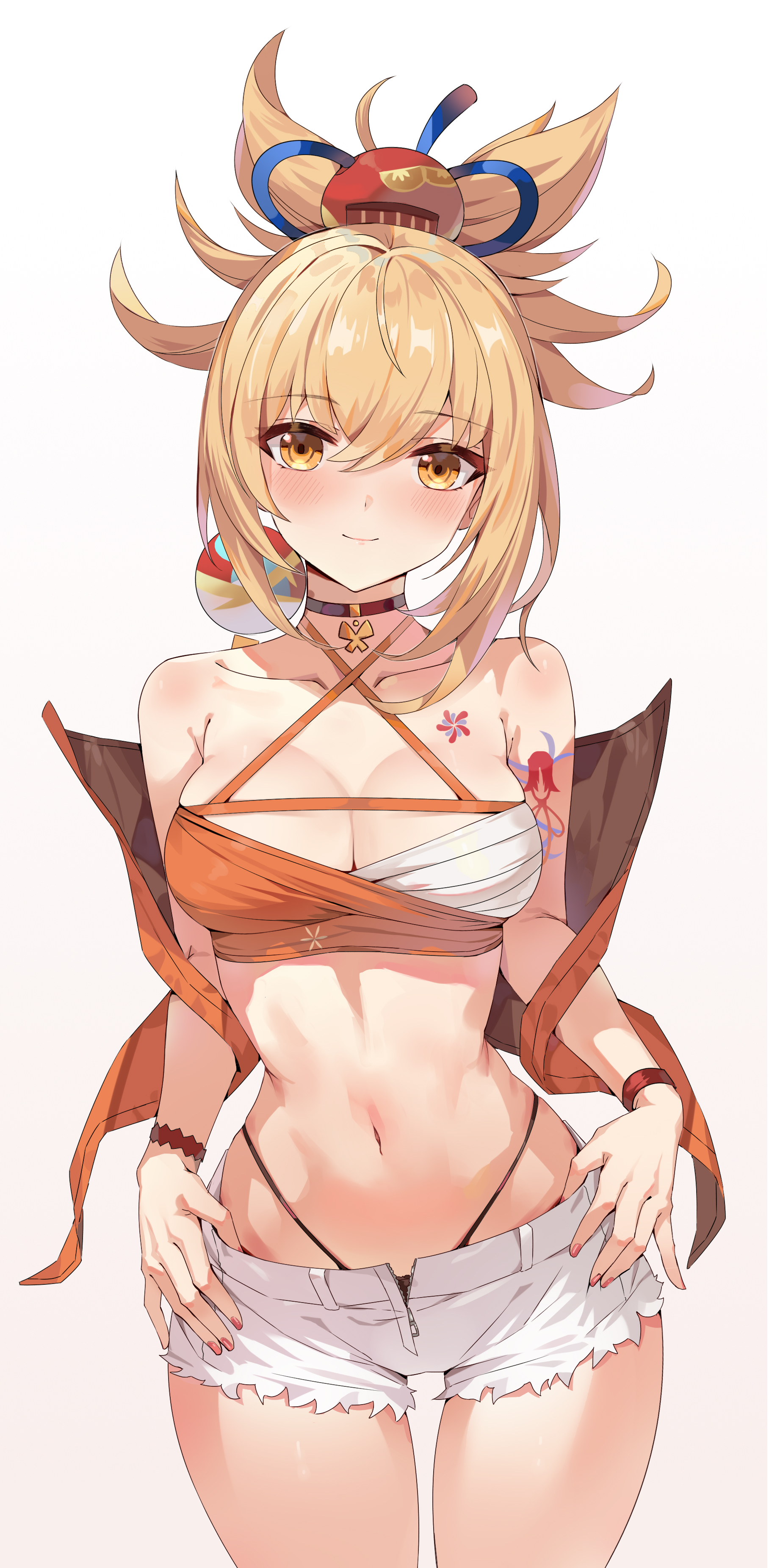 1girls, blonde hair, blush, breasts, choker, cleavage, criss-cross halter, female, g-string, genshin impact, hoyoverse, large breasts, looking at viewer, midriff, orange eyes, ponytail, shorts, tattoo, thong, thong above shorts, yoimiya (genshin impact)