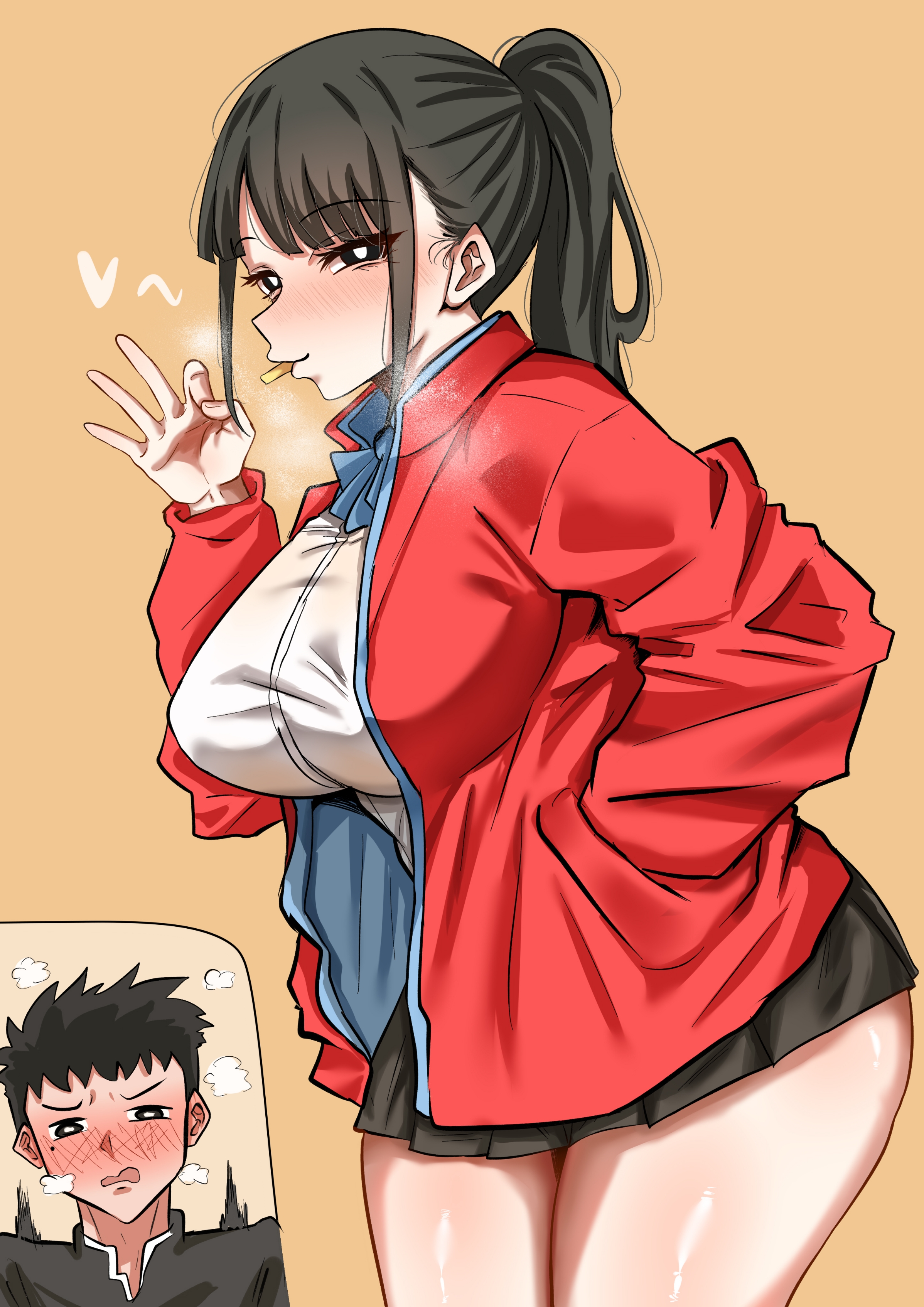 1girls, alternate breast size, artist request, big breasts, boyfriend (japanese mcdonald's commercial), breasts, busty, curvaceous, curvy, curvy body, curvy female, curvy figure, female, girlfriend (japanese mcdonald's commercial), mcdonald's, nellsonwo123, ponytail, skirt, thick thighs, thighs, voluptuous, yoru mac