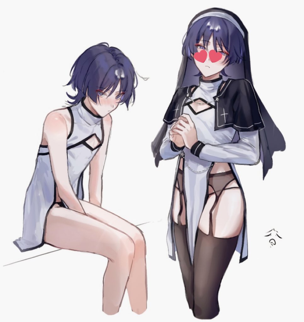 1boy, auauun, blue eyes, blue hair, blush, crossdressing, embarrassed, femboy, garter belt, garter straps, genshin impact, hoyoverse, looking at viewer, male, male nun, nun, panties, pelvic curtain, praying, revealing clothes, scaramouche (genshin impact), submissive, submissive male, thighhighs, thighs, trap, veil