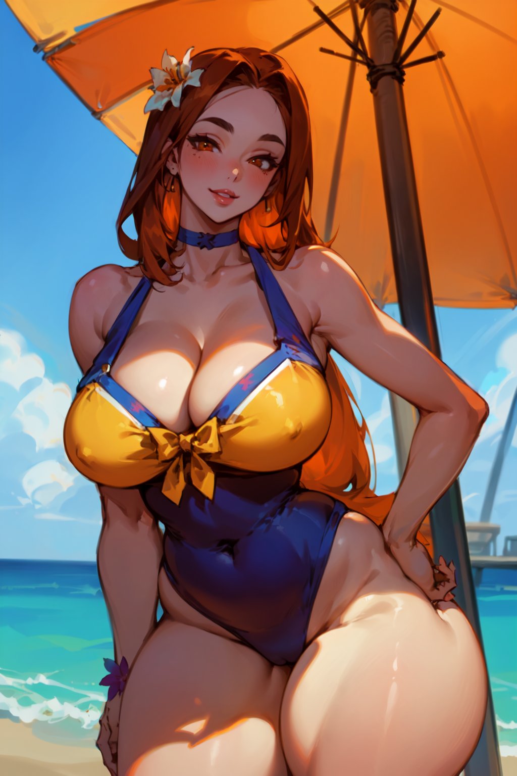 1girls ai_generated beach beach_umbrella big_breasts breasts cameltoe cleavage curvy female female_only flower flower_in_hair hourglass_figure league_of_legends leona_(league_of_legends) navel_visible_through_clothes nipple_bulge pool_party_leona riot_games rocksolidart seaside solo solo_female thick_thighs voluptuous wide_hips