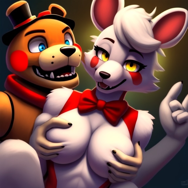 1:1 1boy 1girls ai_generated anthro anthro_on_anthro arctic_fox arm_support bear big_breasts black_pupils blue_eyes bow_tie bowtie breast_grab breast_squeeze breast_squish breasts brown_bear brown_fur claws edited eyebrows eyelashes fangs female female_focus feral five_nights_at_freddy's five_nights_at_freddy's_2 fox fox_ears fox_girl fox_humanoid frosting.ai grizzly_bear hand_on_breast head_tuft male male/female mangle_(fnaf) no_nipples pink_fur rosy_cheeks sharp_teeth shoulder_tuft simple_background tongue tophat toy_freddy_(fnaf) tuft two_tone_body white_body white_fur white_sclera yellow_eyes