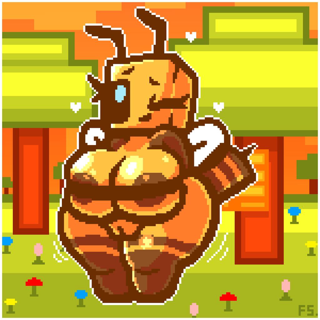 abdomen antennae artist_signature bee bee_(minecraft) big_ass big_breasts boob_window bottomless brown_areola casual casual_nudity detailed_background female female_only filthyskull flower huge_ass huge_breasts minecraft mojang no_bra no_panties pixel_art public public_nudity shortstack stinger thick_thighs topwear tree underboob useless_clothing vagina wings