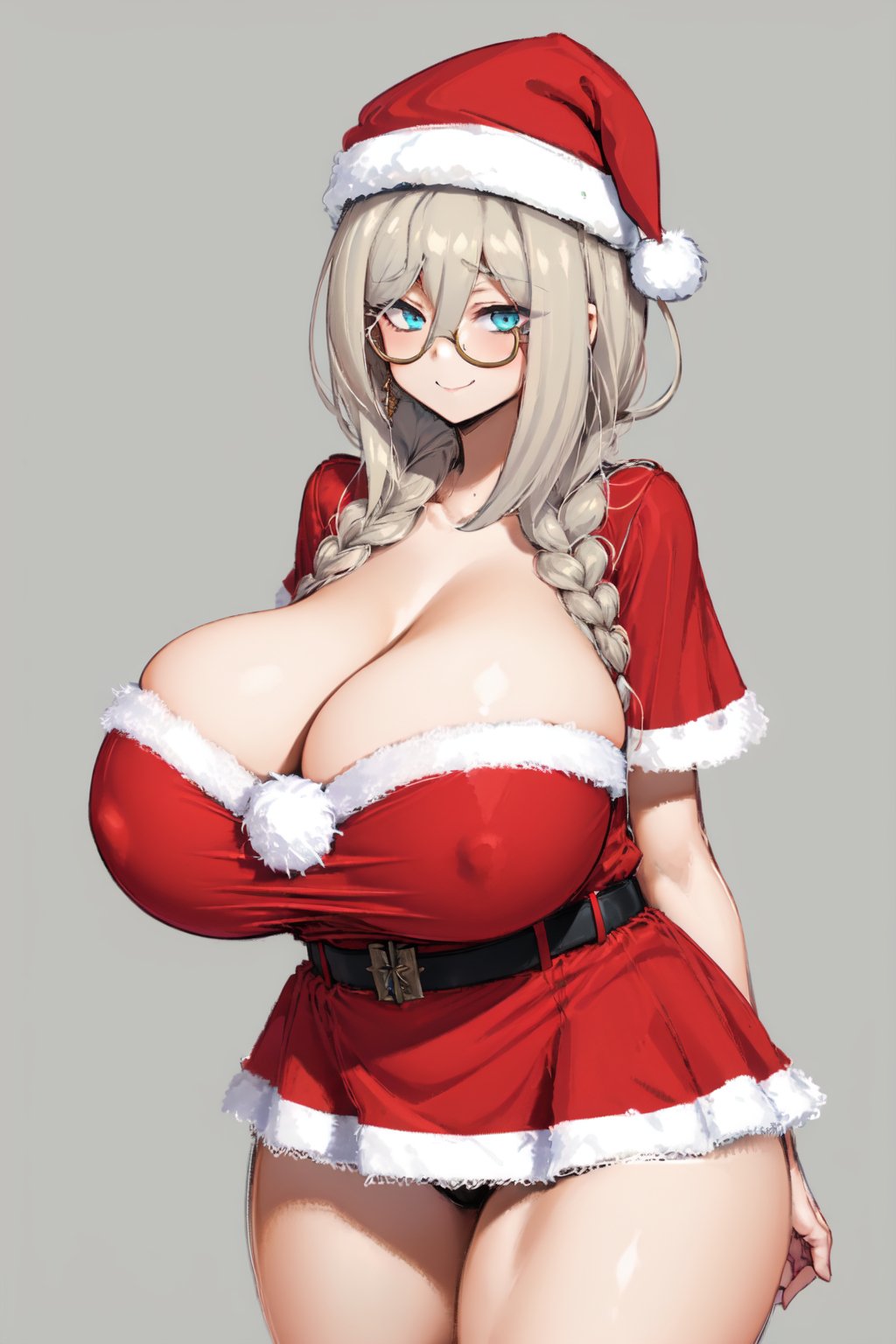 1girls ai_generated aia_amare alternate_costume bangs belt black_panties blue_eyes braid braided_hair breasts christmas_outfit cleavage closed_mouth curvy dress earrings exposed_panties fur glasses gray_hair hair_between_eyes hat hourglass_figure huge_breasts large_breasts long_hair looking_at_viewer nijisanji nijisanji_en red_dress red_hat santa_dress santa_hat short_sleeves simple_background slim_waist smile smiling smiling_at_viewer solo thick_thighs virtual_youtuber white_background wide_hips