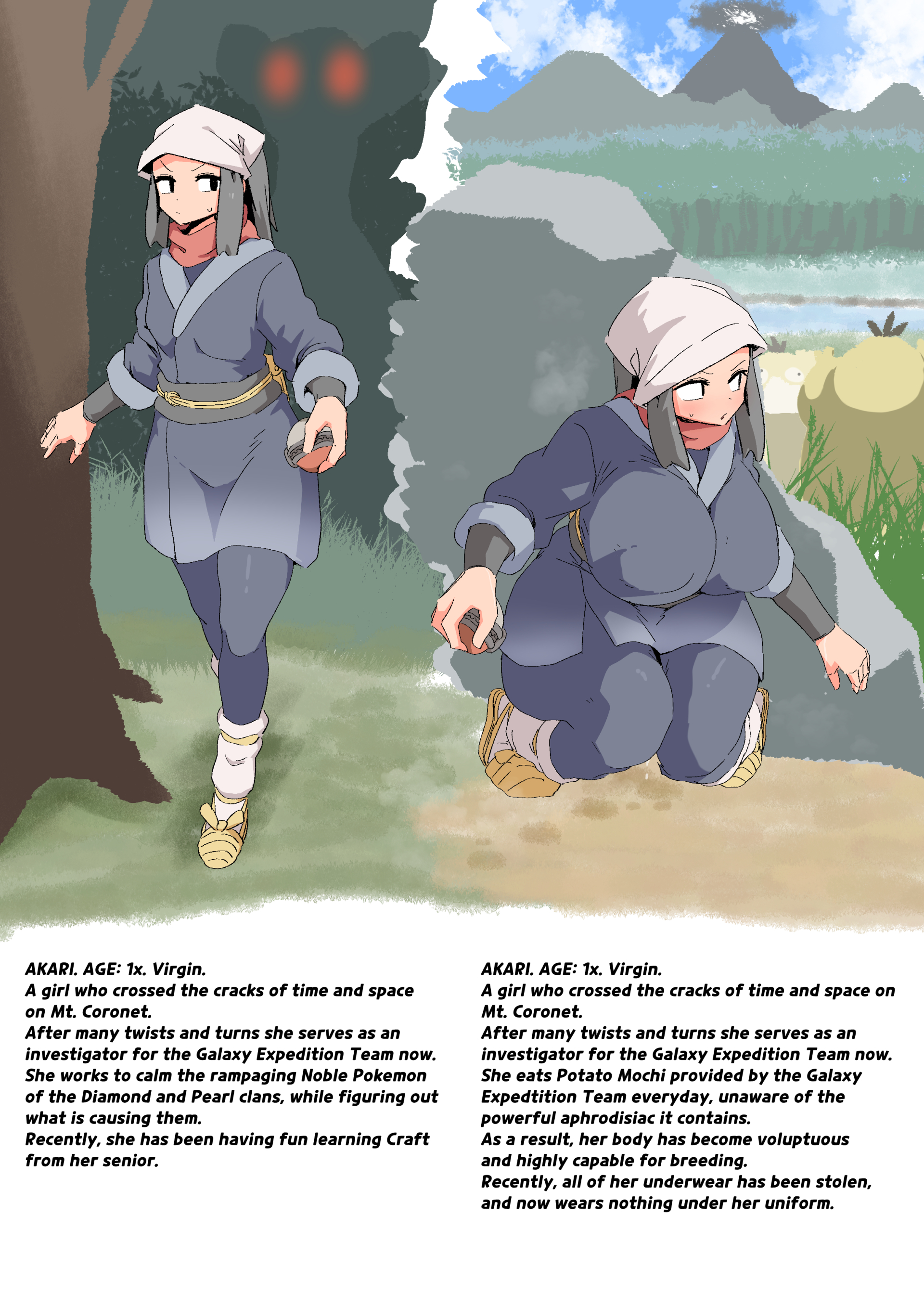 1girls, akari (pokemon), alternate body type, alternate breast size, aphrodisiac, big breasts, bimbofication, breast expansion, breast growth, breast growth (enlargement), breasts, busty, curvaceous, curvy, curvy body, curvy female, curvy figure, english, english text, female, game freak, huge breasts, intelligence loss, large breasts, nintendo, pokeball, pokemon, pokemon (game), pokemon legends: arceus, text, thick thighs, thighs, transformation, voluptuous, woohyoot