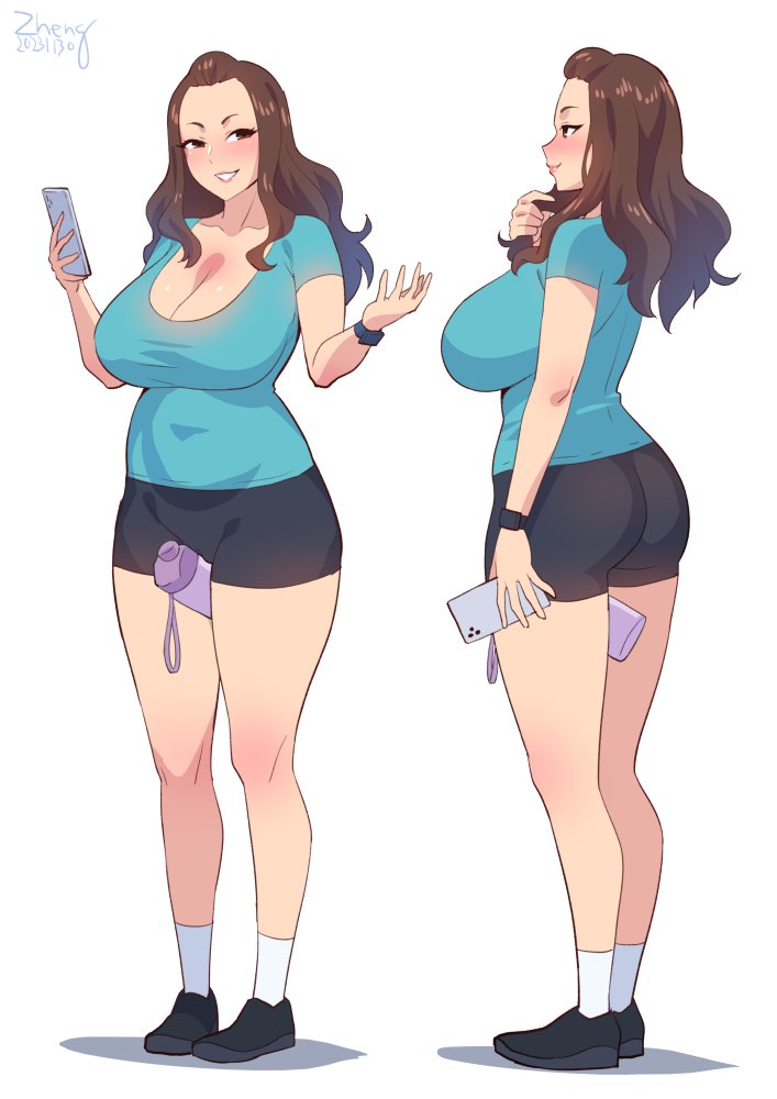 1girls, 2023, allurmilk, ass, booty shorts, breasts, brown hair, cleavage, female, female only, front and back, huge breasts, long hair, naughty face, original, original character, short shorts, shorts, thighs, zheng