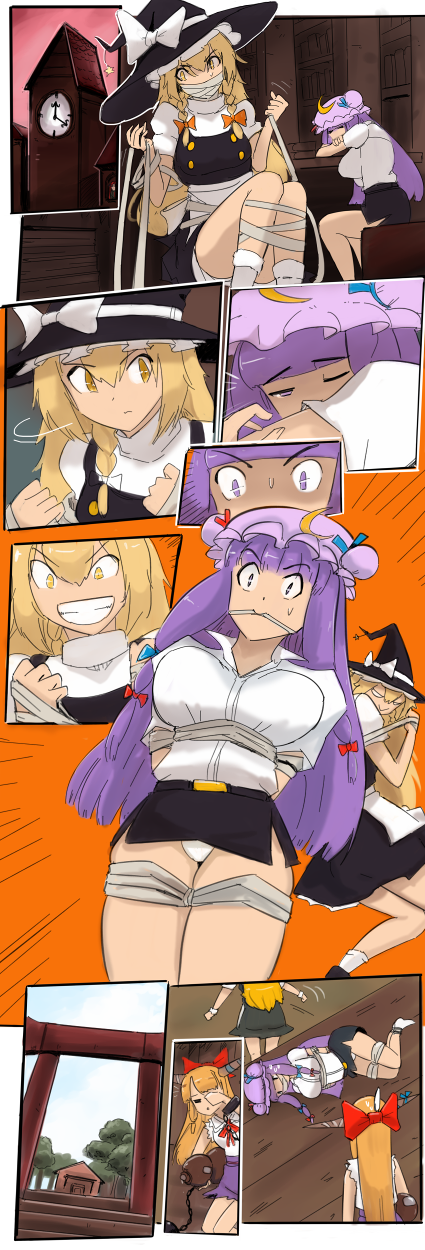 3girls bondage breasts cleave_gag female female_only gag gagged marisa_kirisame otaku100100 patchouli_knowledge touhou