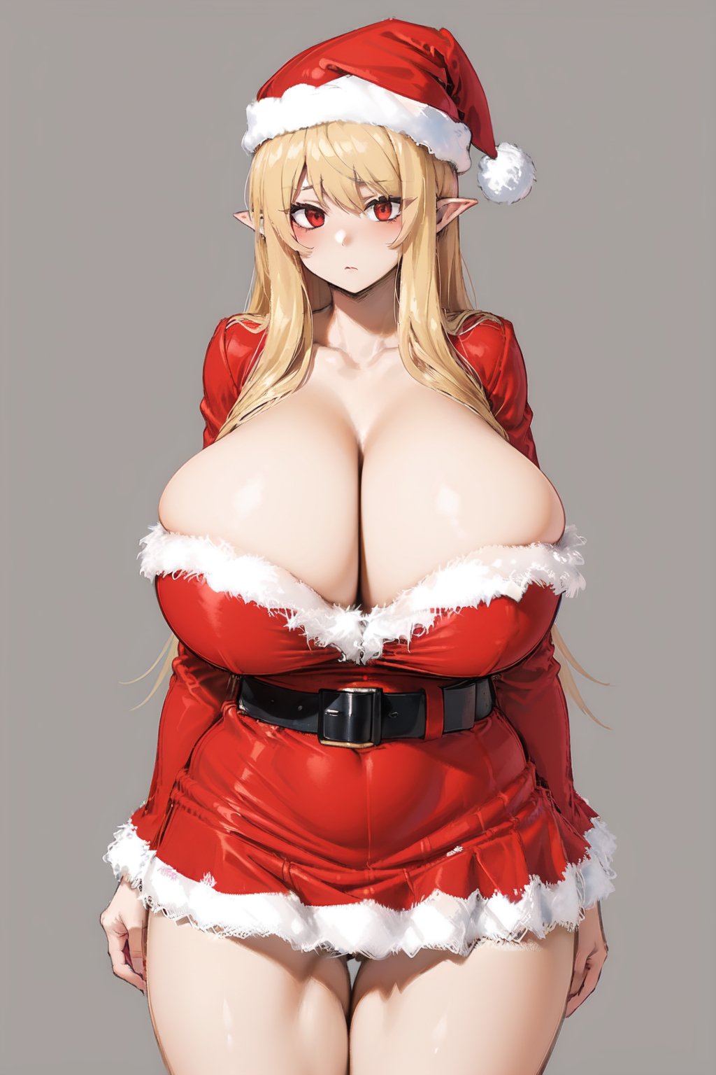 1girls ai_generated alternate_breast_size alternate_costume bangs belt blonde_hair blush blushing_at_viewer breasts christmas_outfit cleavage closed_mouth dress fur hat hourglass_figure huge_breasts large_breasts long_hair long_sleeves looking_at_viewer nijisanji nijisanji_en pointy_ears pomu_rainpuff red_dress red_eyes red_hat santa_dress santa_hat simple_background slim_waist solo thighs virtual_youtuber white_background