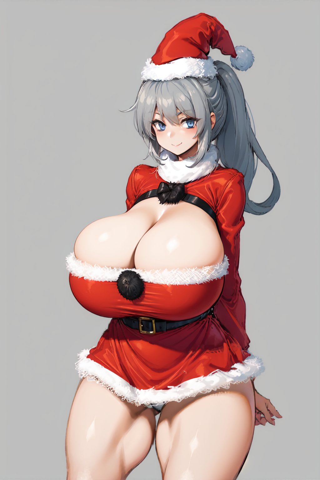 1girls ai_generated alternate_costume belt black_bow blue_eyes bow christmas_outfit cleavage cleavage_cutout closed_mouth curvy dress exposed_panties female female_only fur gray_background gray_hair hair_between_eyes hat hourglass_figure huge_breasts long_hair long_sleeves looking_at_viewer mononobe_no_futo neck_bow ponytail red_dress red_hat santa_dress santa_hat simple_background slim_waist smile smiling smiling_at_viewer solo standing thick_thighs thighs touhou white_panties wide_hips