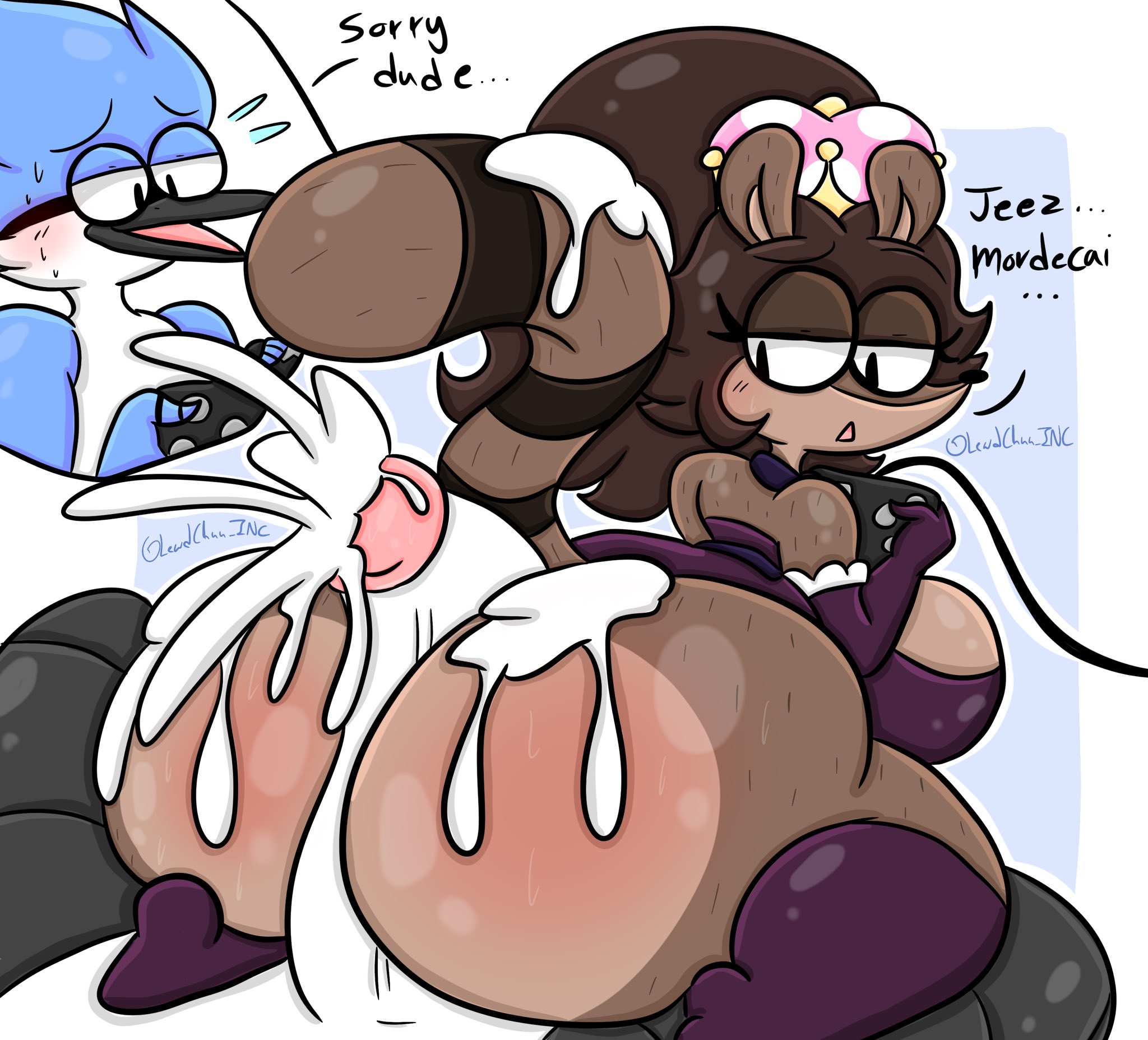 ass, big ass, big breasts, big thighs, breasts, brown hair, bubble ass, bubble butt, controller, cum, cumshot, dialogue, furry, gigantic ass, gigantic breasts, gloves, huge ass, huge breasts, huge thighs, lewdchuu (artist), looking at penis, male, mario (series), mordecai (regular show), new super mario bros. u deluxe, penis, playing videogame, ponytail, regular show, rigbette (benson dancing), rigby (regular show), rule 63, super crown, tagme, text, thick hips, thick thighs, thighhighs, thighs, video games