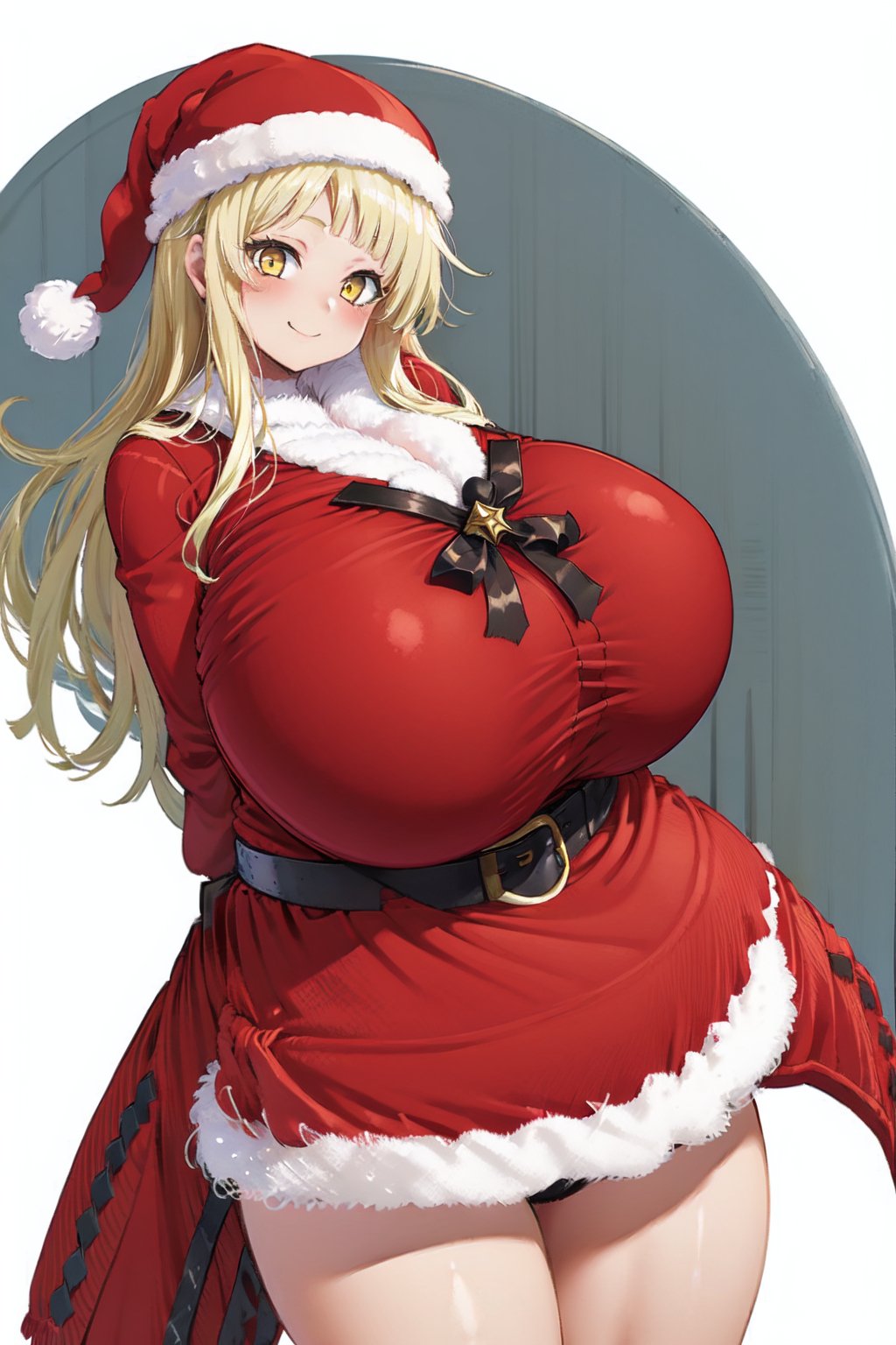 1girls ai_generated alternate_breast_size alternate_costume bang_dream! bangs belt black_panties black_ribbon blonde_hair breasts christmas_outfit curvy dress exposed_panties female female_only fur gigantic_breasts hat hourglass_figure large_breasts long_sleeves looking_at_viewer neck_ribbon red_dress red_hat ribbon santa_dress santa_hat simple_background slim_waist smile smiling smiling_at_viewer solo standing thick_thighs thighs tsurumaki_kokoro white_background wide_hips yellow_eyes