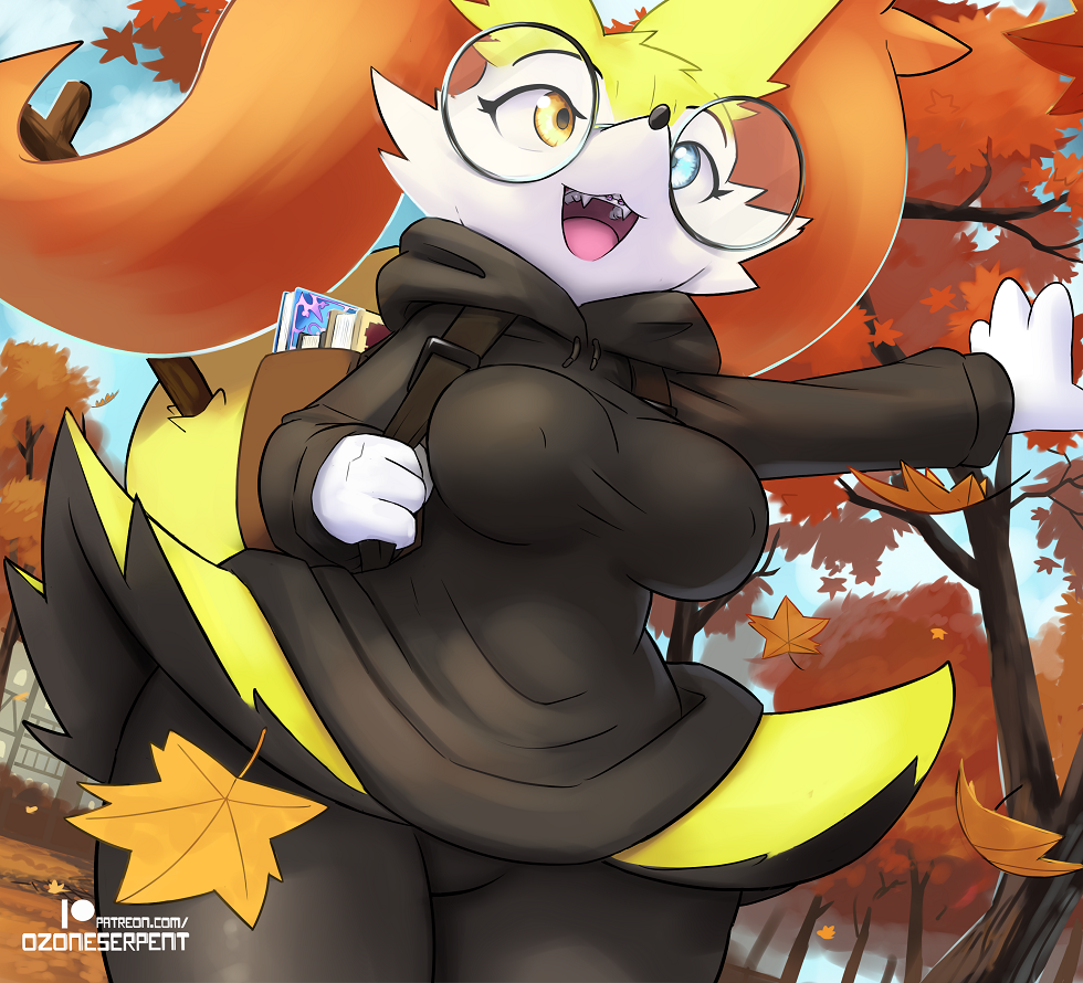 2023 4_fingers anthro autumn backpack big_breasts black_body black_clothing black_fur black_sweater black_topwear blue_eyes book bottomless bottomless_anthro bottomless_female braces braixen breasts clothed clothing eyewear falling_leaves featureless_crotch female fingers fur generation_6_pokemon glasses heterochromia multicolored_body multicolored_fur nintendo open_mouth orange_body orange_fur outside ozoneserpent plant pokemon pokemon_(species) round_glasses solo stick_in_tail sweater thick_thighs topwear tree wearing_glasses white_body white_fur wide_hips yellow_body yellow_eyes yellow_fur zoey_(ozoneserpent)