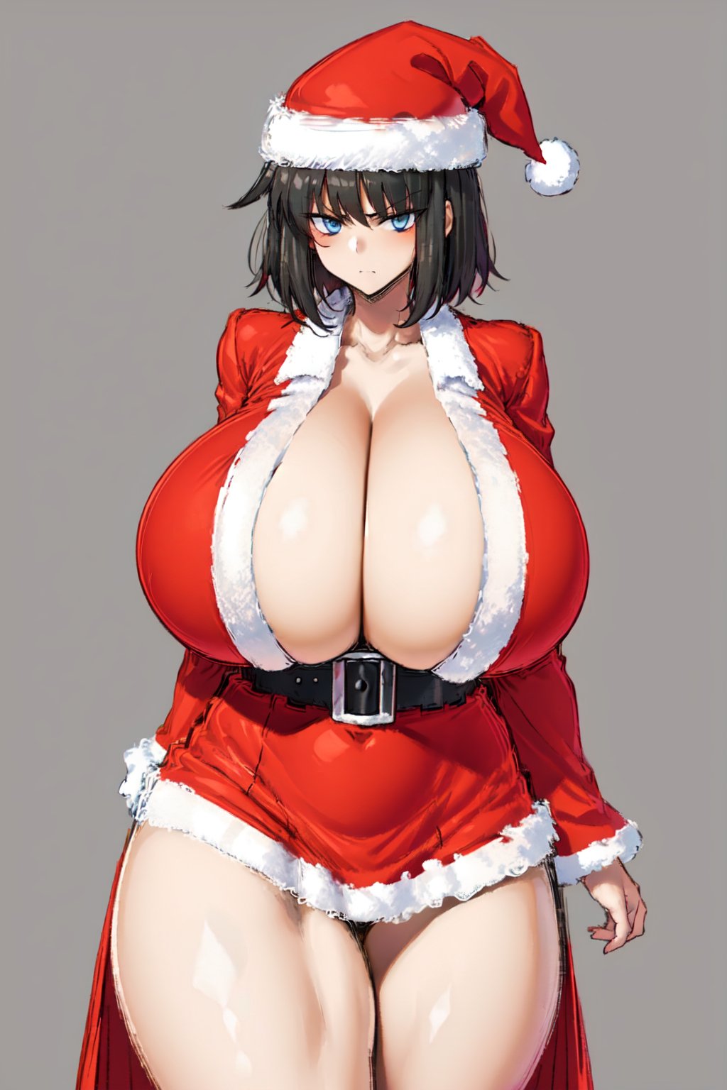 1girls ai_generated alternate_breast_size alternate_costume angry angry_face bangs belt black_hair blue_eyes blush blushing_at_viewer christmas_outfit cleavage curvy dress female female_only fur glare glaring glaring_at_viewer gray_background hat hourglass_figure huge_breasts kara_no_kyoukai long_sleeves looking_at_viewer red_dress red_hat ryougi_shiki santa_dress santa_hat short_hair simple_background slim_waist solo thick_thighs thighs wide_hips