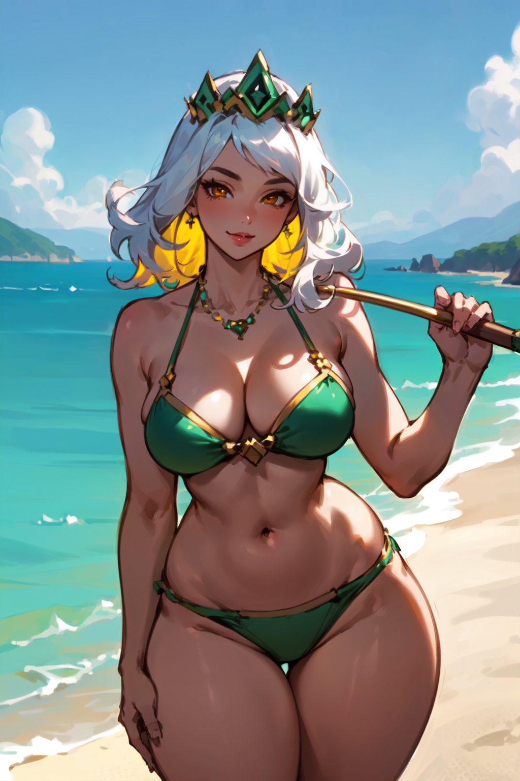1girls, ai generated, bikini, breasts, curvy, female, female only, green bikini, green swimwear, league of legends, navel, qiyana yunalai, riot games, rocksolidart, seaside, solo, solo female, swimwear, white hair, wide hips
