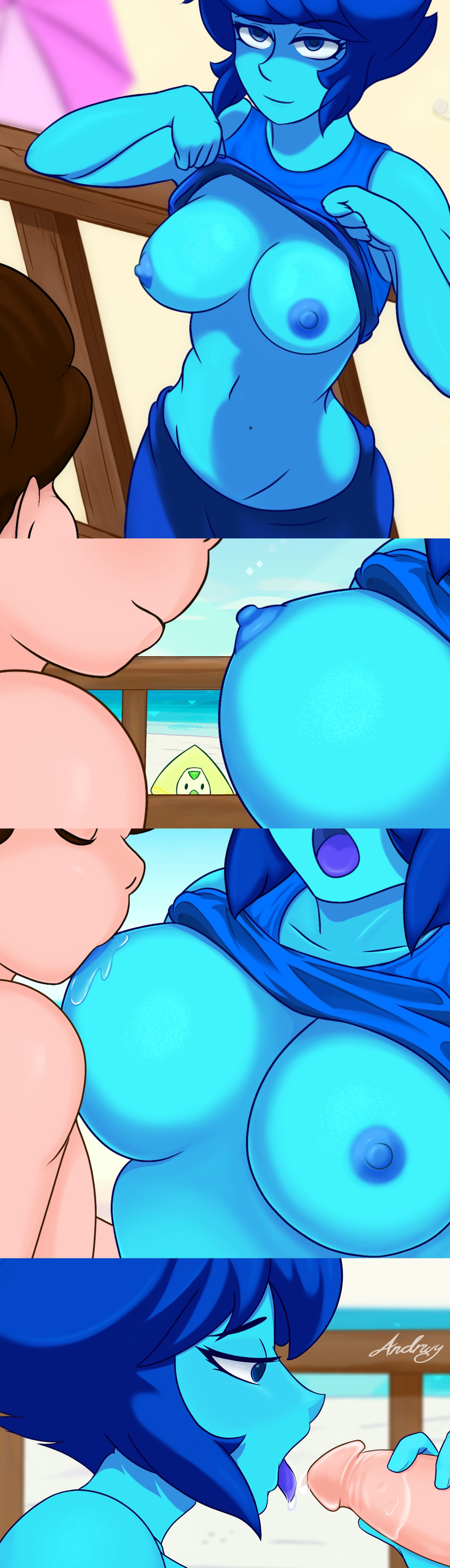 against wall, aged up, andrwy, blue hair, blue skin, bored expression, breast sucking, breasts, brown hair, cartoon network, erect nipples under clothes, fat male, female, gem, gem (species), gigantic breasts, head between breasts, hourglass figure, huge breasts, implied sex, lapis lazuli (steven universe), male, pulling down pants, saliva on nipple, speech bubble, standing sex, stealth sex, steven quartz universe, steven universe, talking, thick thighs, undressing, undressing another