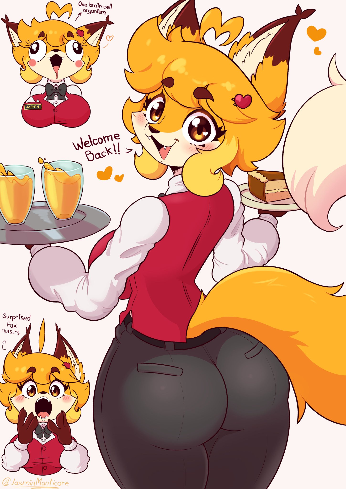 ass, behind view, big ass, big breasts, blush, blush lines, breasts, drink, fat ass, female, fluffy, fluffy ears, fluffy hair, fluffy tail, food, fox, fox ears, fox girl, fox tail, fur, furry, furry ears, furry female, furry only, furry tail, gasp, jasmin (jasminthemanticore), jasminthemanticore, looking at viewer, looking back, name tag, surprised, tagme