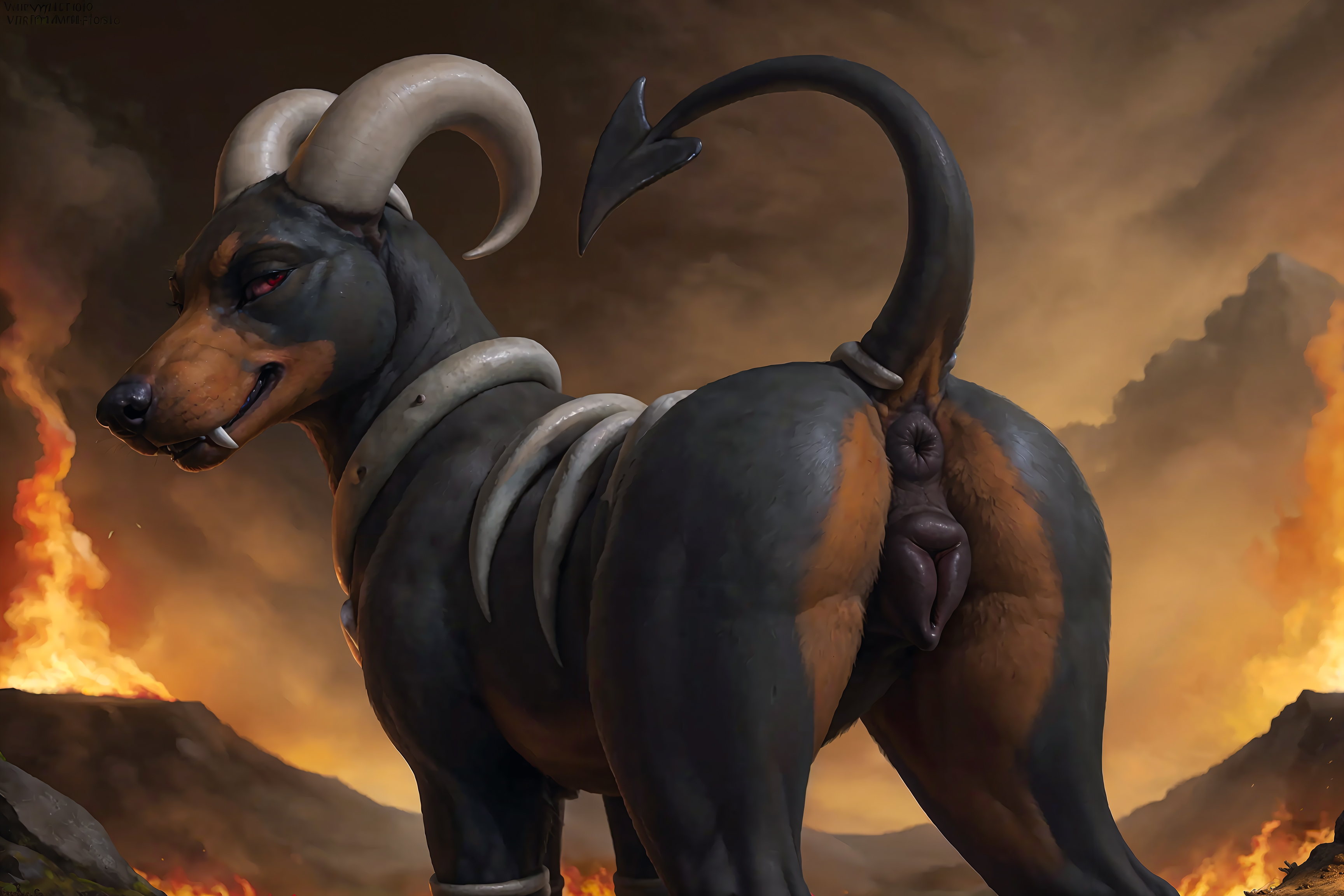 1girls, ai generated, anus, asp791, ass, bedroom eyes, big ass, black body, black fur, brown fur, canine, canine pussy, demon horns, demon tail, fangs, female, female only, feral, feral only, generation 2 pokemon, half-closed eyes, hell, horns, houndoom, long tail, looking at viewer, looking back at viewer, pink sclera, pokémon (species), pokemon, pokemon (species), pokemon gsc, presenting, presenting hindquarters, pussy, raised tail, red eyes, tail, teeth