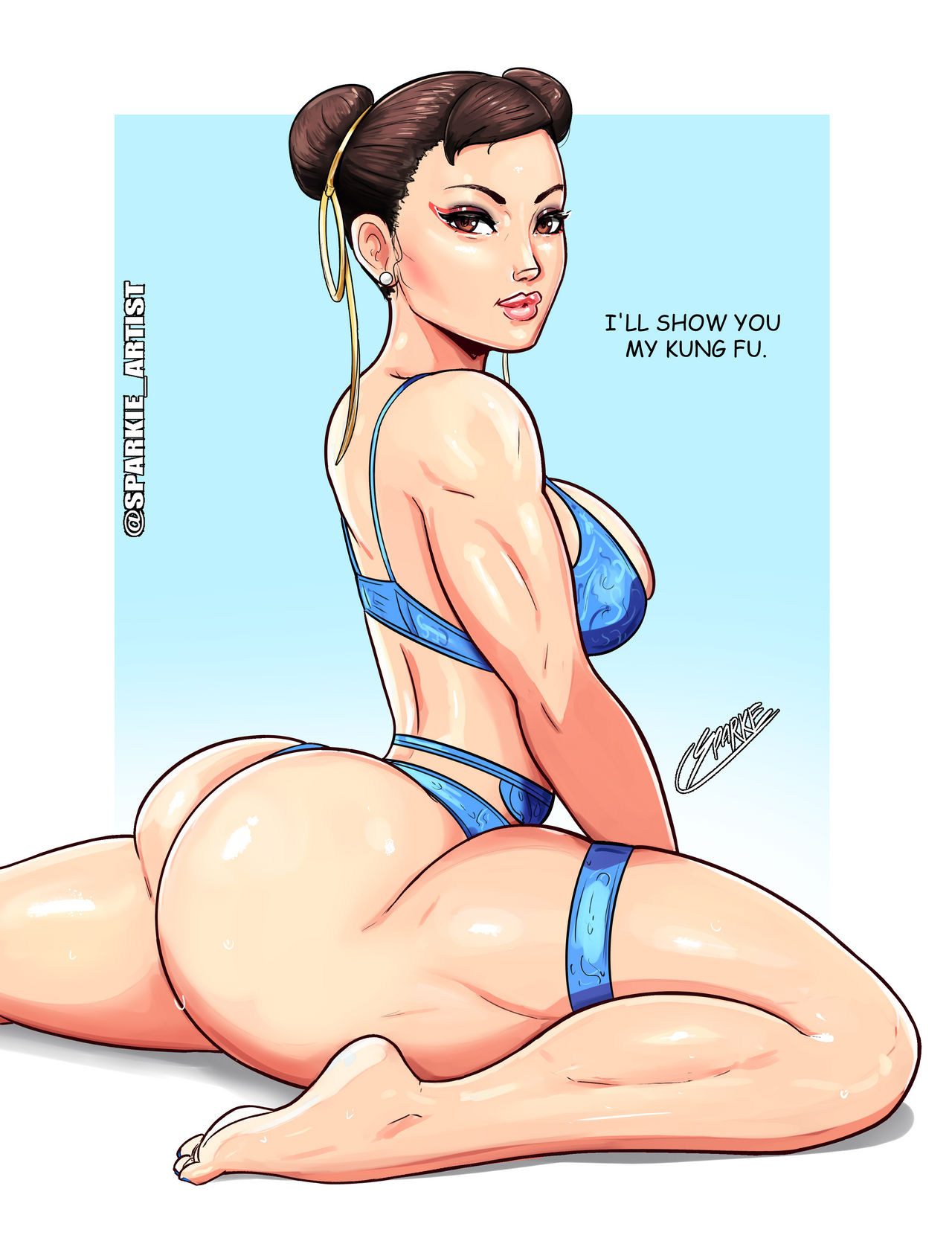 1girls, asian, asian female, ass, big ass, big breasts, bikini, blue lingerie, boobs, breasts, brown hair, capcom, chun-li, cleavage overflow, countershade feet, feet, female, female only, light skin, light-skinned female, lingerie, looking at viewer, nail polish, pale soles, sideboob, sparkietheartist, street fighter, street fighter 6, swimsuit, thick thighs, wide hips