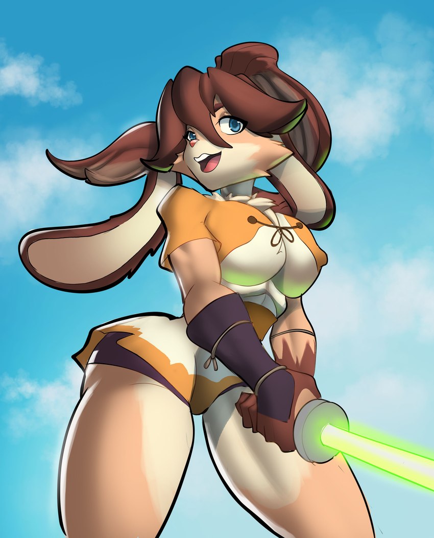 absurd_res anthro big_breasts blue_eyes breasts brown_body brown_fur brown_hair clothing eyebrows female floppy_ears fur gloves_(marking) green_lightsaber hair hi_res lagomorph lepi lepi_(species) leporid lightsaber long_ears looking_at_viewer lop_(star_wars) lop_(star_wars_visions) lop_and_ochou mammal markings melee_weapon nardy616 neck_tuft nipple_outline open_mouth solo star_wars star_wars_visions tan_fur tuft weapon