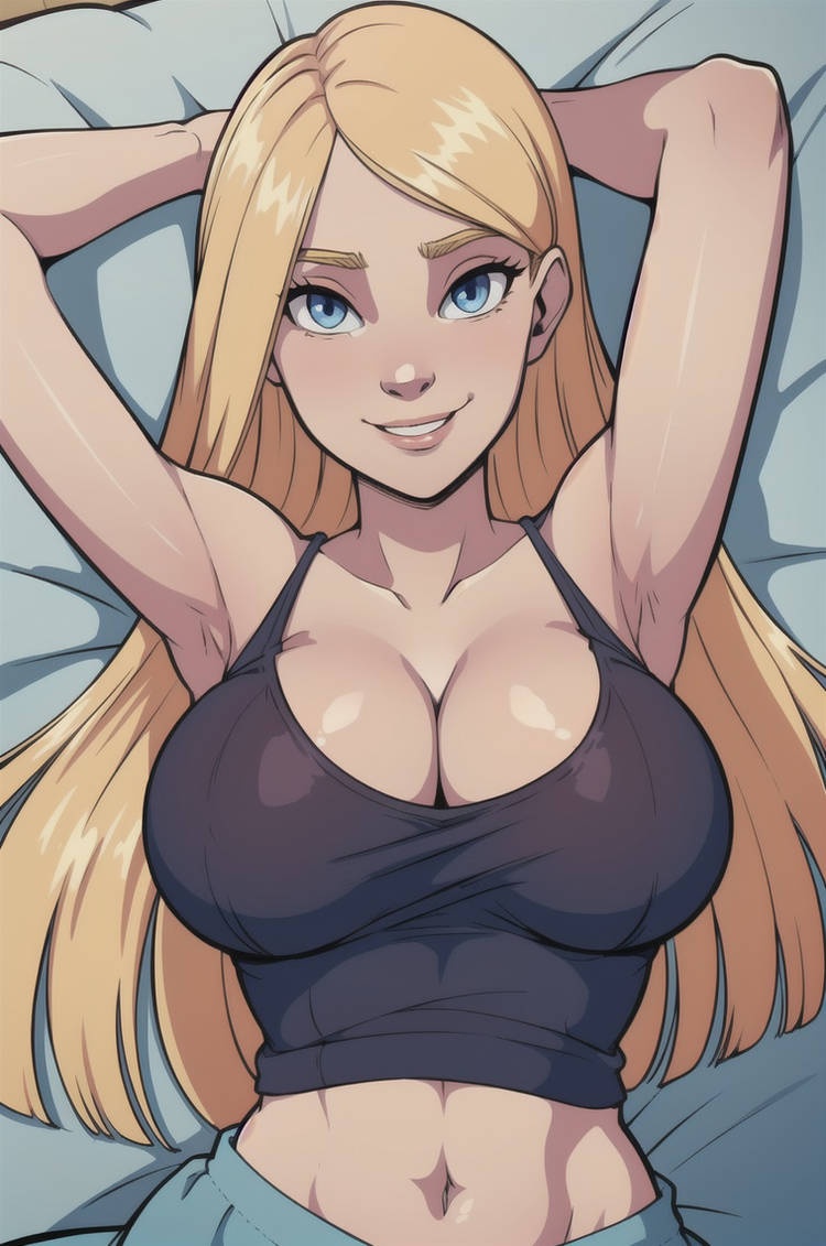 1girls 2023 ai_generated arms_behind_head arms_up bed belly big_breasts black_clothing black_shirt black_tank_top black_topwear blonde_hair blue_eyes bonnieaiart boobs cleavage cornelia_hale deviantart_link disney female female_solo gym_shirt gym_uniform hands_behind_head human jpeg large_breasts light-skinned_female long_hair looking_at_viewer lying lying_down lying_on_back lying_on_bed nai_diffusion navel no_bra_under_clothes pale-skinned_female sleeveless_shirt smile solo solo_female stable_diffusion tank_top top w.i.t.c.h.