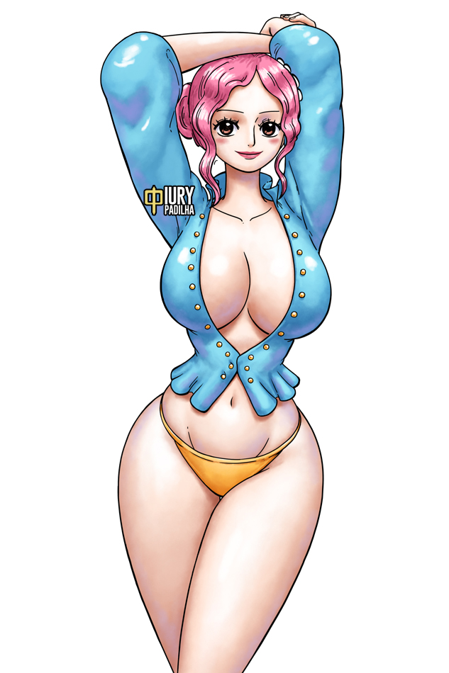 1girls, 2023, arms above head, arms up, belly button, big breasts, blue shirt, blush, blush stickers, blushing, blushing female, breasts, brown eyes, brown-eyed female, cleavage, collarbone, eyebrows, eyelashes, female, female only, fit, fit female, iury padilha, large breasts, lipstick, long hair, long-haired female, midriff, midriff baring shirt, naked, oiran, one piece, osome (one piece), pink hair, pink-haired female, pose, posing, posing for the viewer, seductive, seductive eyes, seductive look, seductive mouth, seductive pose, seductive smile, shirt, smile, solo, stretching arms, thong, tied hair, topknot, v, voluptuous, voluptuous female, wano country, watermark, white background, yellow thong