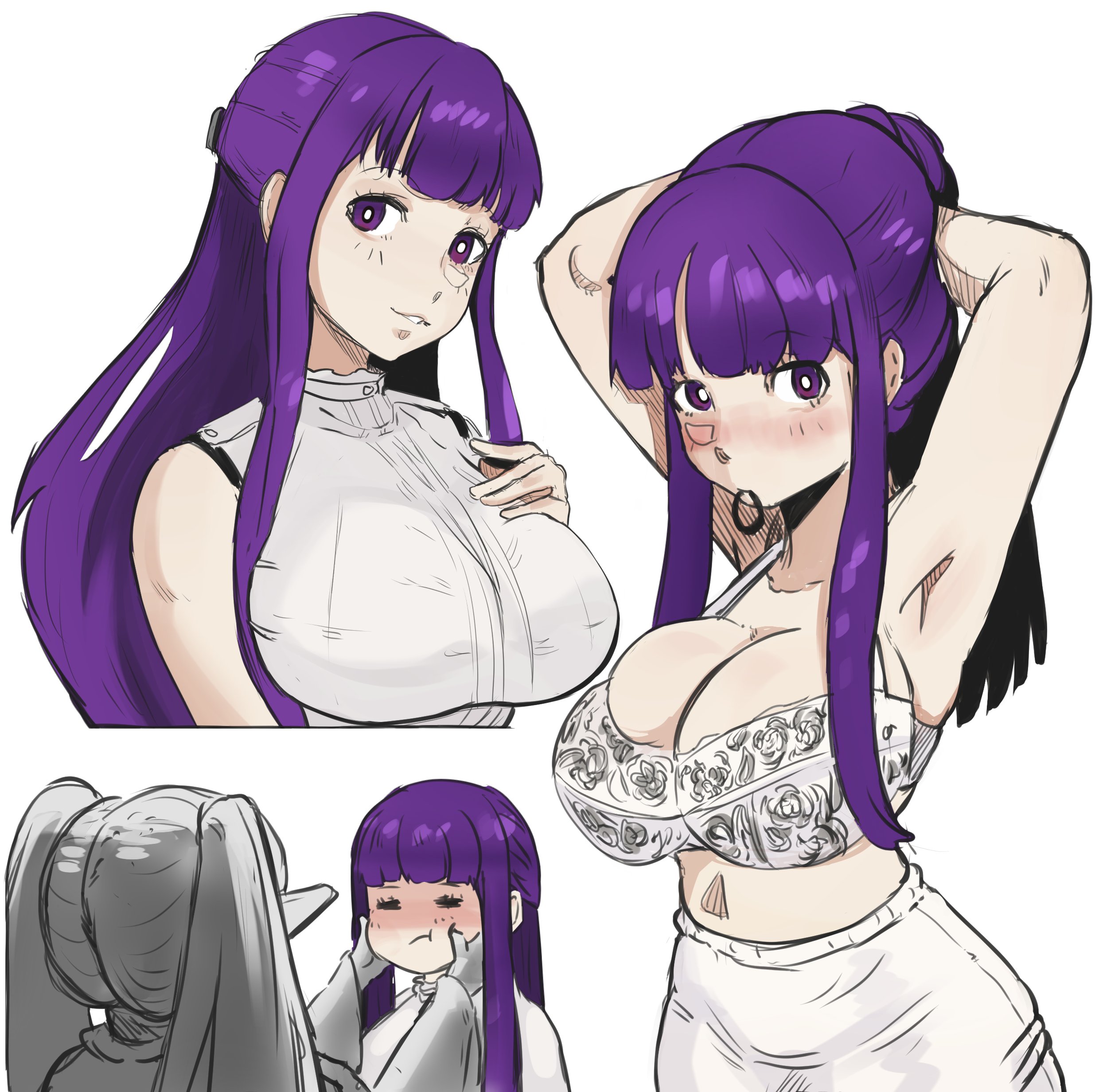 2girls, big breasts, bra, breasts, dressing, ecchipoo, female, female focus, female only, fern (sousou no frieren), frieren, huge breasts, light skin, light-skinned female, looking at viewer, multiple females, multiple girls, purple hair, sousou no frieren