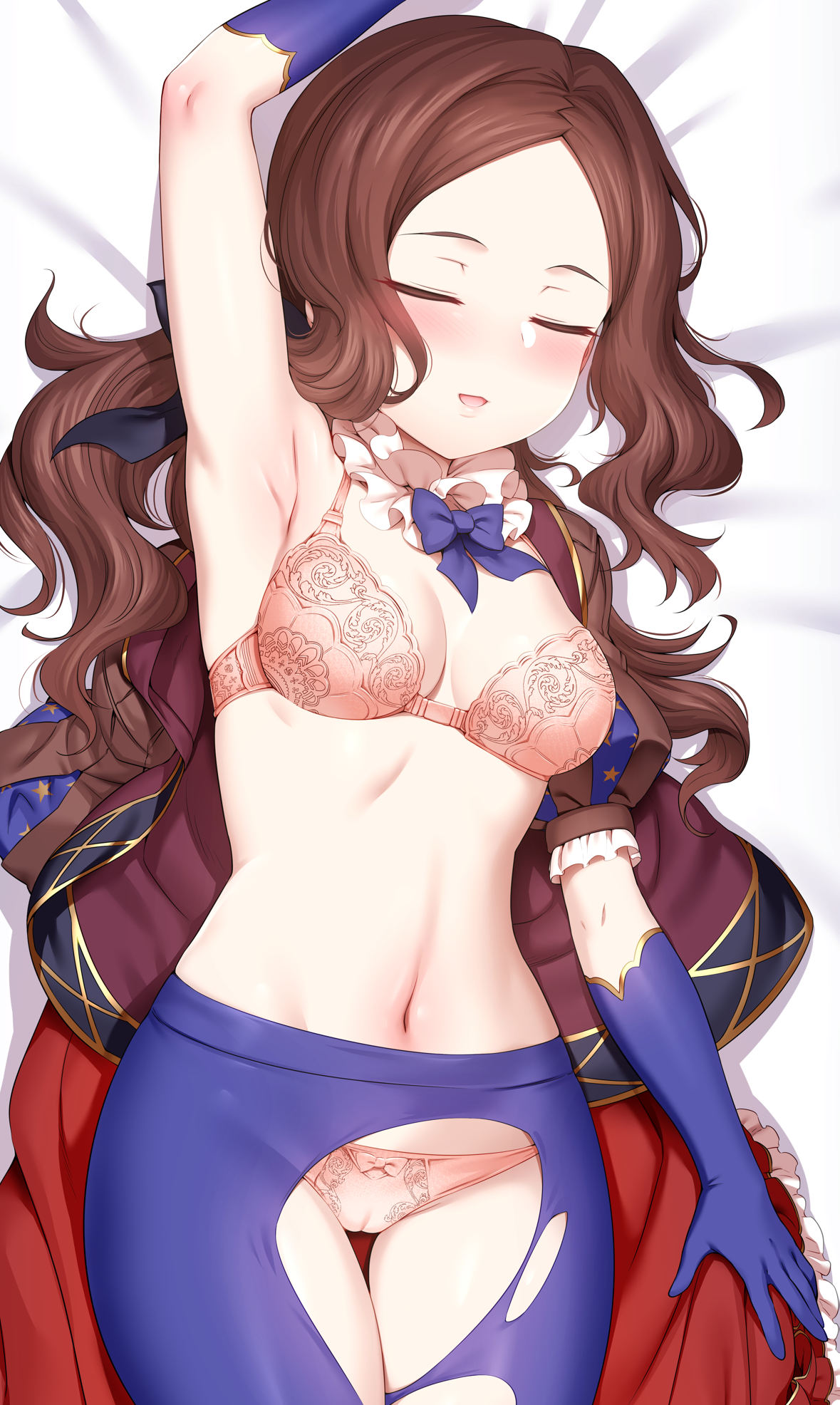 1girls, armpits, arms up, belly, belly button, black bow, blue gloves, blue legwear, blue pantyhose, blush, bow, bra, breasts, brown hair, cameltoe, cleft of venus, clothing, dakimakura, detached collar, elbow gloves, fate (series), fate/grand order, feet out of frame, female, female only, gloves, hair ornament, high resolution, legs together, leonardo da vinci (fate/grand order), leonardo da vinci (rider) (fate), light skin, light-skinned female, long hair, m-da s-tarou, matching underwear, navel, open mouth, panties, pantyhose, pink bra, pink panties, pussy, sleeping, small breasts, smile, solo, stomach, thick thighs, thighs, torn clothes, underwear, wide hips