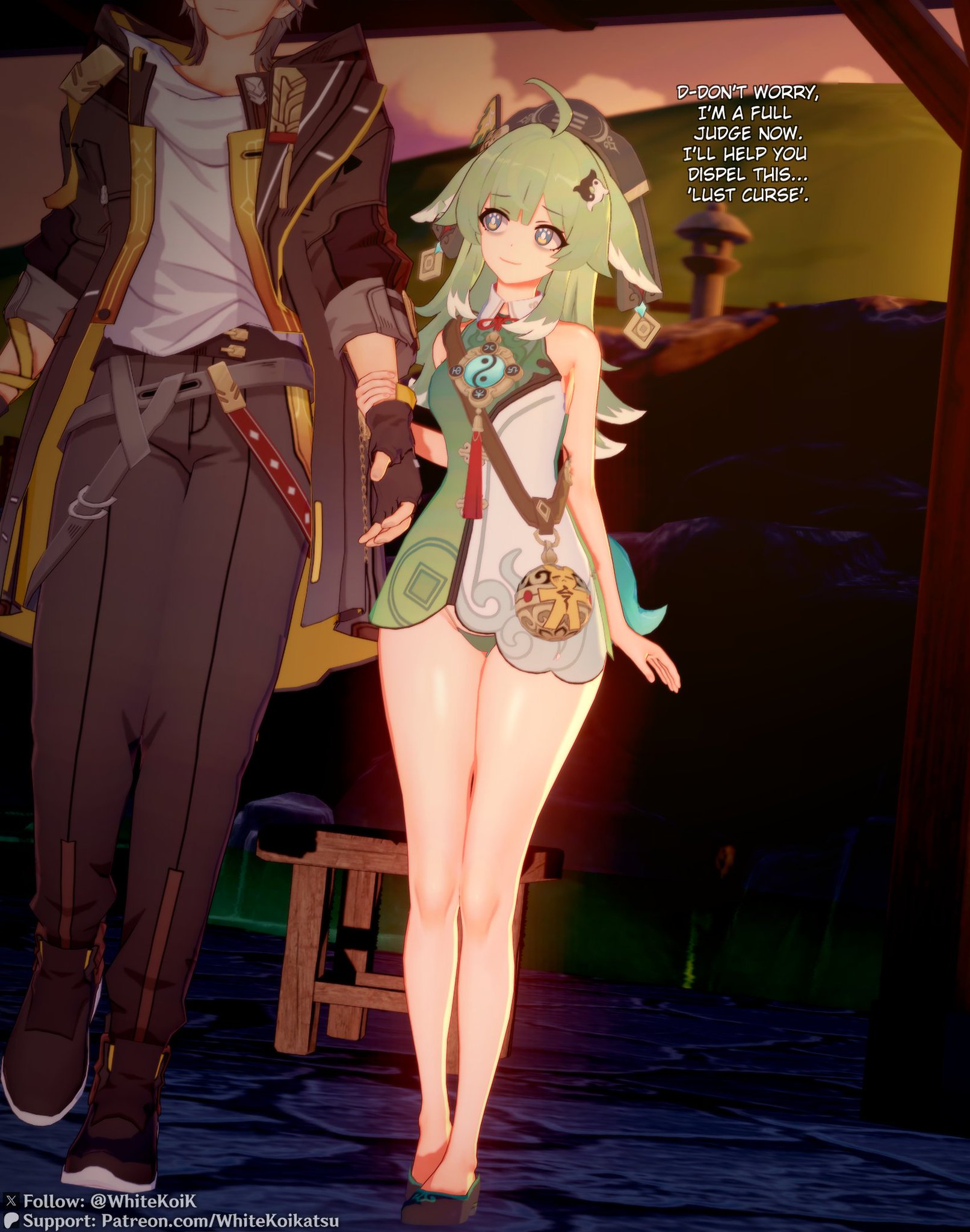 1boy, 1girls, 3d, aged up, before sex, black jacket, caelus (honkai: star rail), female, fox ears, fox girl, fox tail, green eyes, green hair, green panties, grey hair, height difference, honkai (series), honkai: star rail, huohuo (honkai: star rail), koikatsu, larger male, male, petite, petite body, petite female, size difference, smaller female, tagme, thick thighs, thighs, white (artist), whitekoi