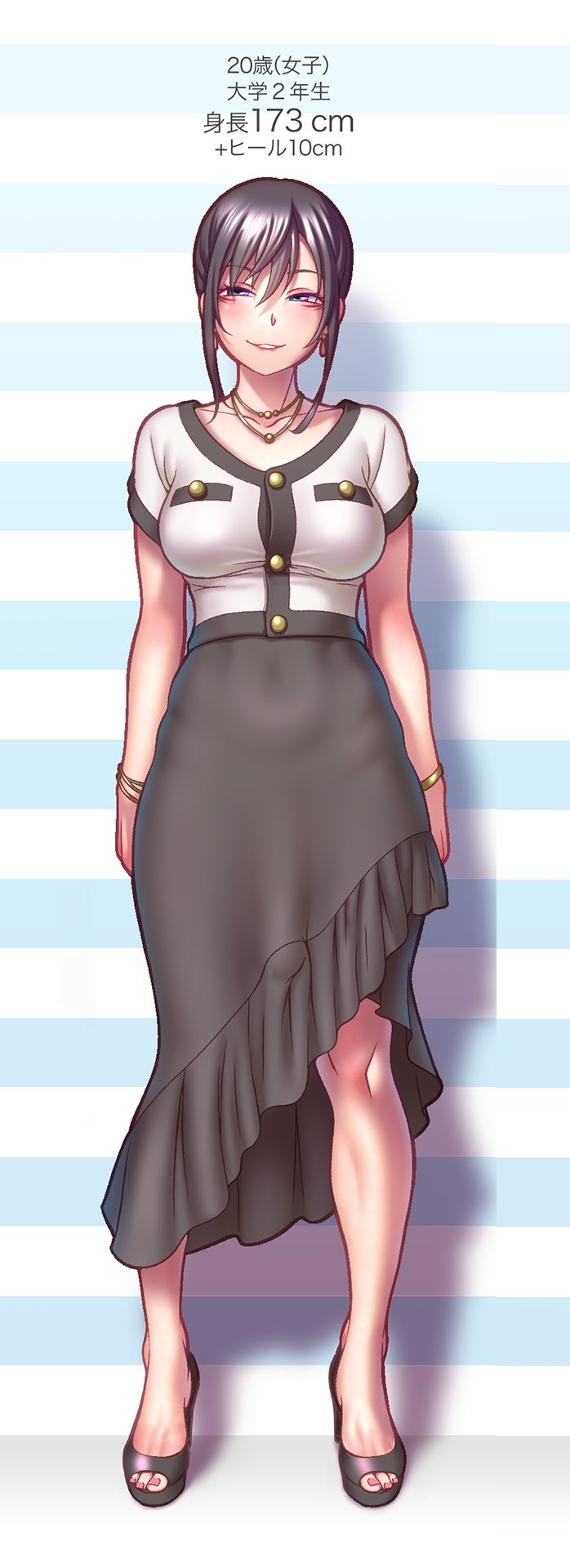 1futa 2023 balls big_breasts big_penis black_hair blush breasts bulge clothed clothing dialogue dress erect_nipples feet flaccid full_body fully_clothed futa_only futanari height_chart height_difference high_heels human japanese_text large_penis light-skinned_futanari light_skin long_penis nail_polish penis sandals short_hair smug solo standing text thick_thighs toenail_polish toes translation_request wide_hips wokada