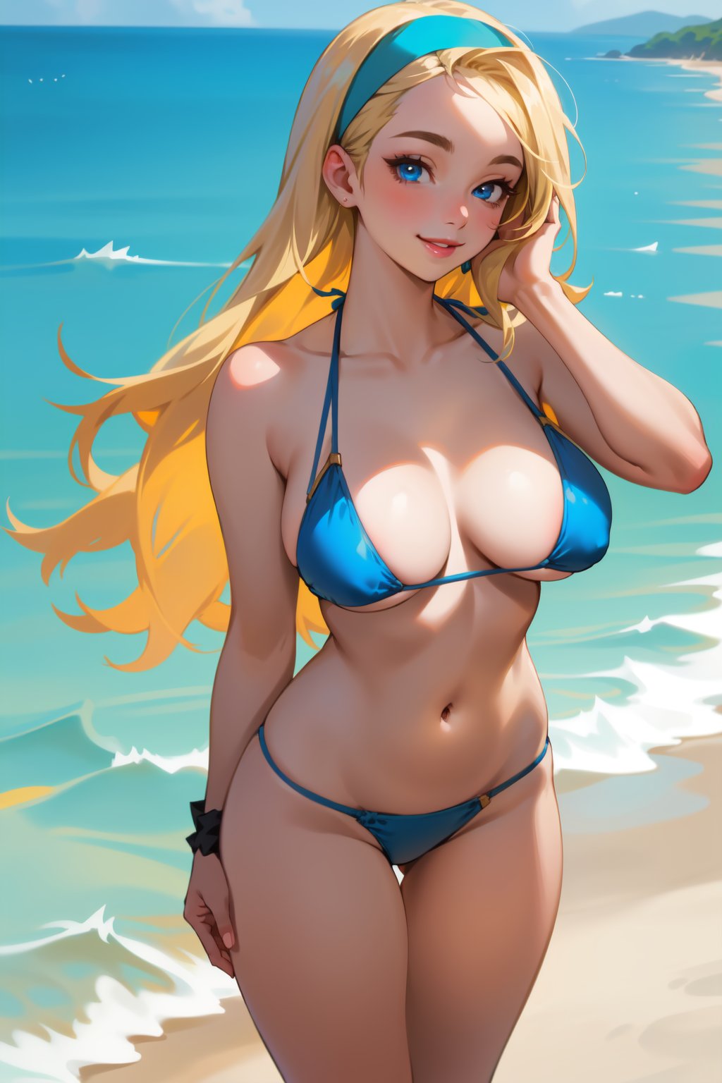1girls, ai generated, bikini, blonde hair, blue eyes, breasts, curvy, female, female only, league of legends, long hair, luxanna crownguard, navel, riot games, rocksolidart, seaside, smile, solo, solo female, swimwear