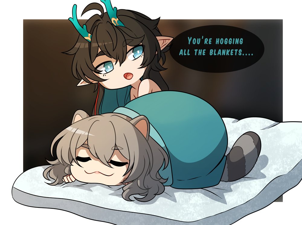 1boy 1girls :3 after_sex chibi cute dan_heng dan_heng_(imbibitor_lunae) english_text female honkai:_star_rail honkai_(series) kinkymation kitty_loaf loaf male sleeping stelle_(honkai:_star_rail) text wholesome