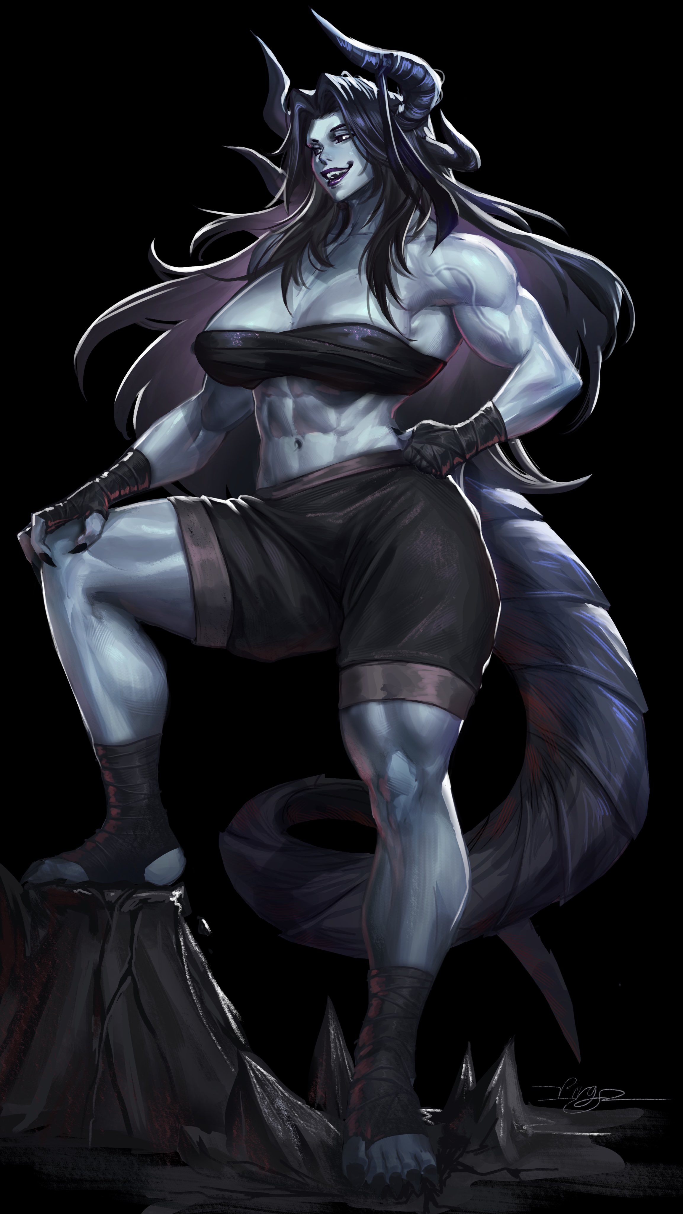 1girls, 2023, abs, absurd res, alternate version available, armpits, ash (ripasher), ass, belly button, biceps, big ass, big breasts, black background, black hair, black nails, black sclera, bottomwear, breasts, busty, calves, clothed, clothed female, clothes, clothing, crop top, demon, demon girl, demon horns, fangs, feet, female, foot wraps, front view, full body, fully clothed, grey body, grey skin, hair, hand on hip, hand wraps, hi res, horned humanoid, horns, humanoid, large ass, large breasts, legs apart, lipstick, long hair, long tail, looking at viewer, midriff, muscular, muscular arms, muscular female, muscular legs, muscular thighs, navel, open mouth, original, original character, pose, posing, purple lipstick, seductive, seductive eyes, seductive look, seductive pose, seductive smile, sharp fingernails, shorts, signature, simple background, smile, smiling, smiling at viewer, solo, standing, stomach, tail, teeth, thick thighs, thighs, toes, topwear, virgoart1509, white eyes, wraps