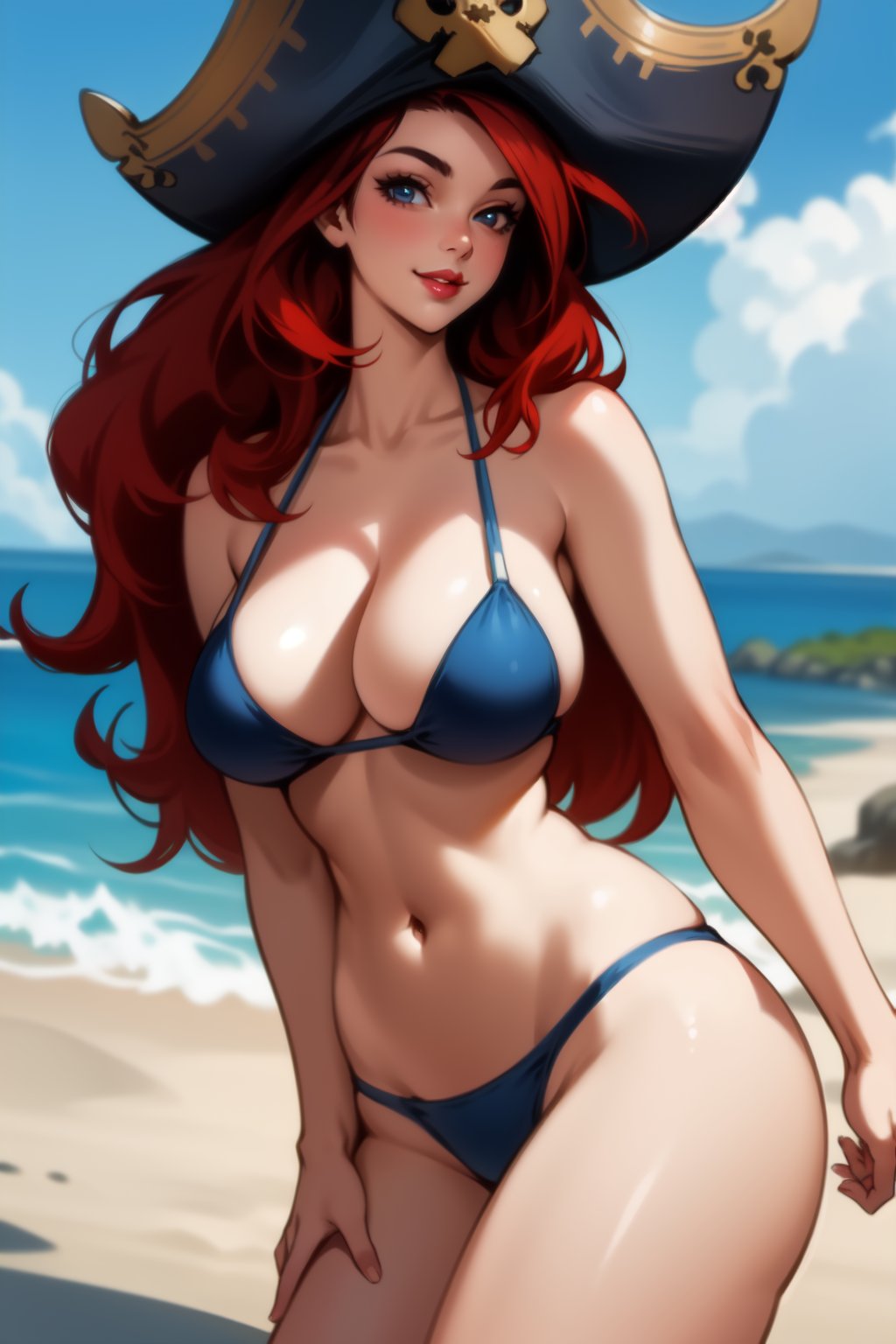 1girls ai_generated beach big_boobd bikini blue_bikini blue_eyes boobs curvy female female_only huge_breasts league_of_legends long_hair miss_fortune navel red_hair redhead riot_games rocksolidart sarah_fortune seaside solo solo_female swimwear thong thong_bikini very_long_hair