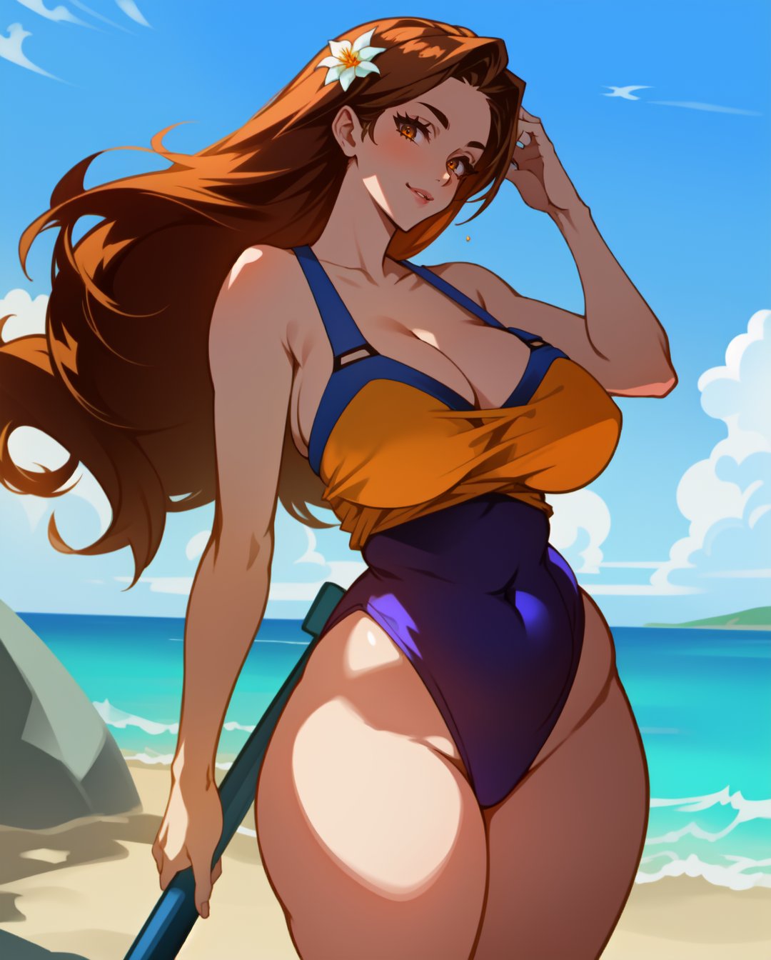 1girls ai_generated big_breasts breasts cleavage curvy female female_only flower flower_in_hair hourglass_figure league_of_legends leona_(league_of_legends) navel_visible_through_clothes pool_party_leona riot_games rocksolidart seaside solo solo_female thick_thighs voluptuous wide_hips