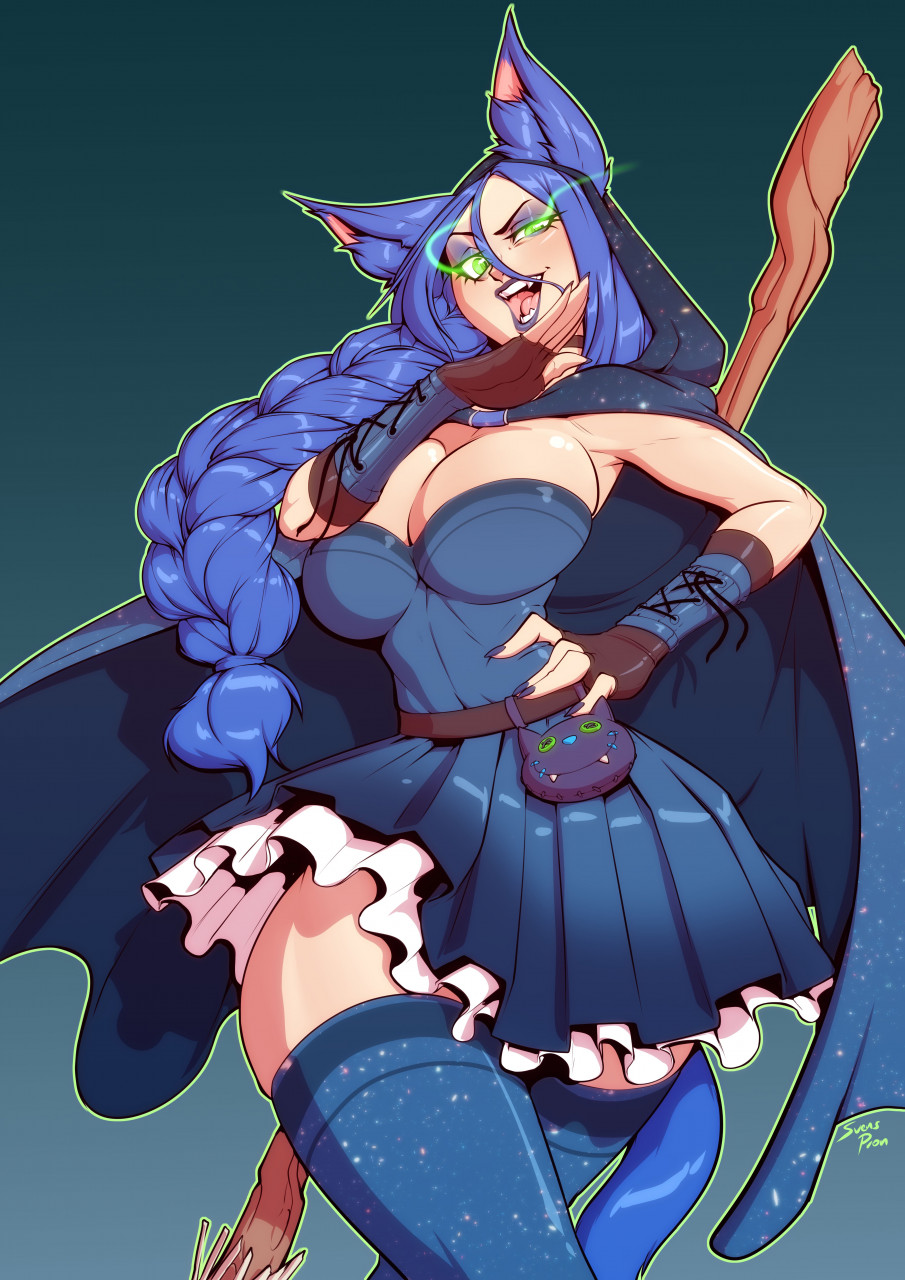 1girls big_breasts blue_dress blue_hair blue_lipstick blue_nails cat_ears cat_tail catgirl cleavage dress glowing_eyes green_eyes hoodie lipstick looking_at_viewer single_braid svenners svenspronfest thighhighs witch