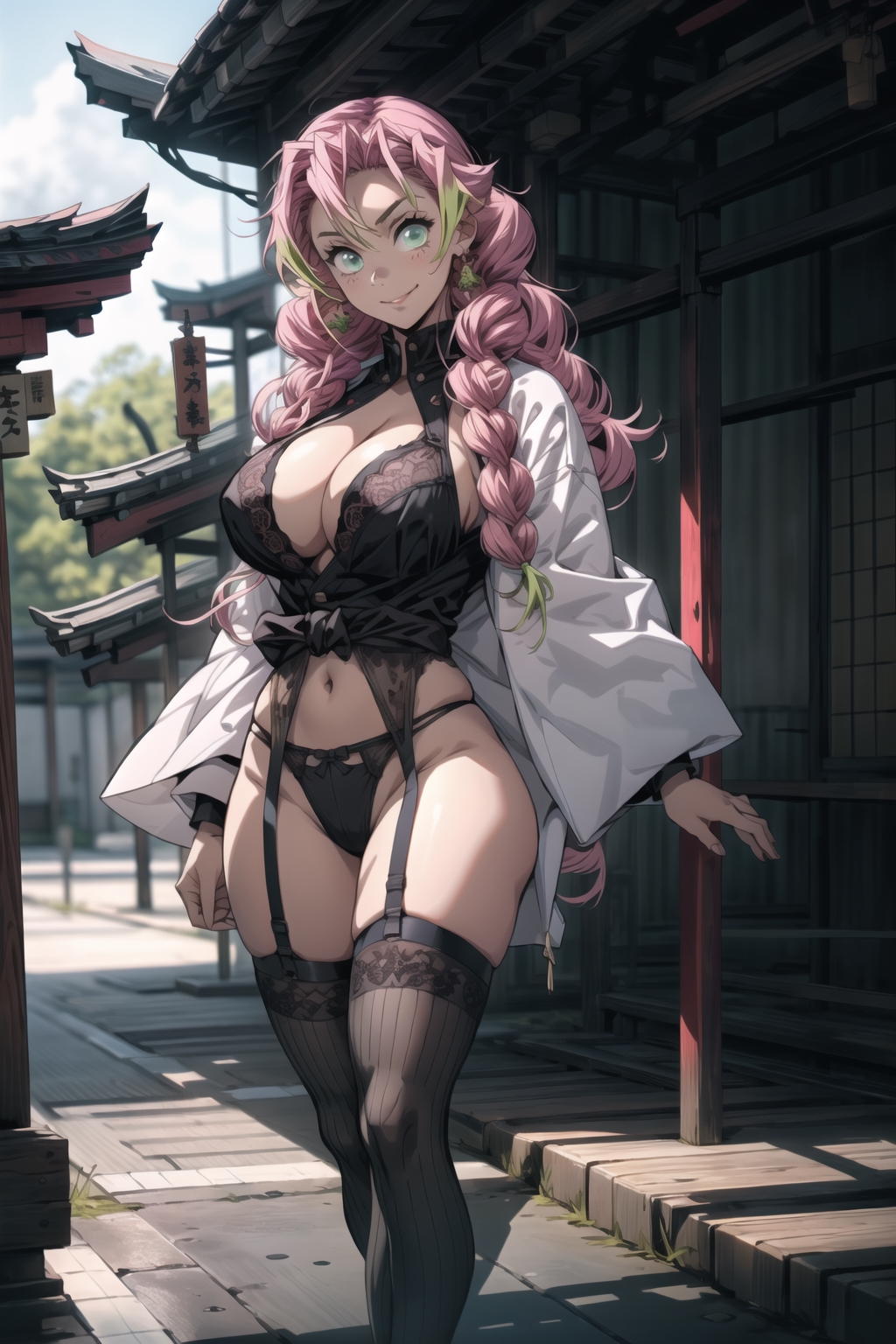 1girls, ai generated, artist request, big breasts, blush, bra, braid, breasts, busty, cleavage, demon slayer, female, female focus, female only, green eyes, green hair, kanroji mitsuri, kimetsu no yaiba, large breasts, legs, lingerie, mole under eye, multicolored hair, panties, pink hair, solo, solo female, thick thighs, thighhighs, thighs, thin waist, two-tone hair, underwear, voluptuous, voluptuous female, wide hips