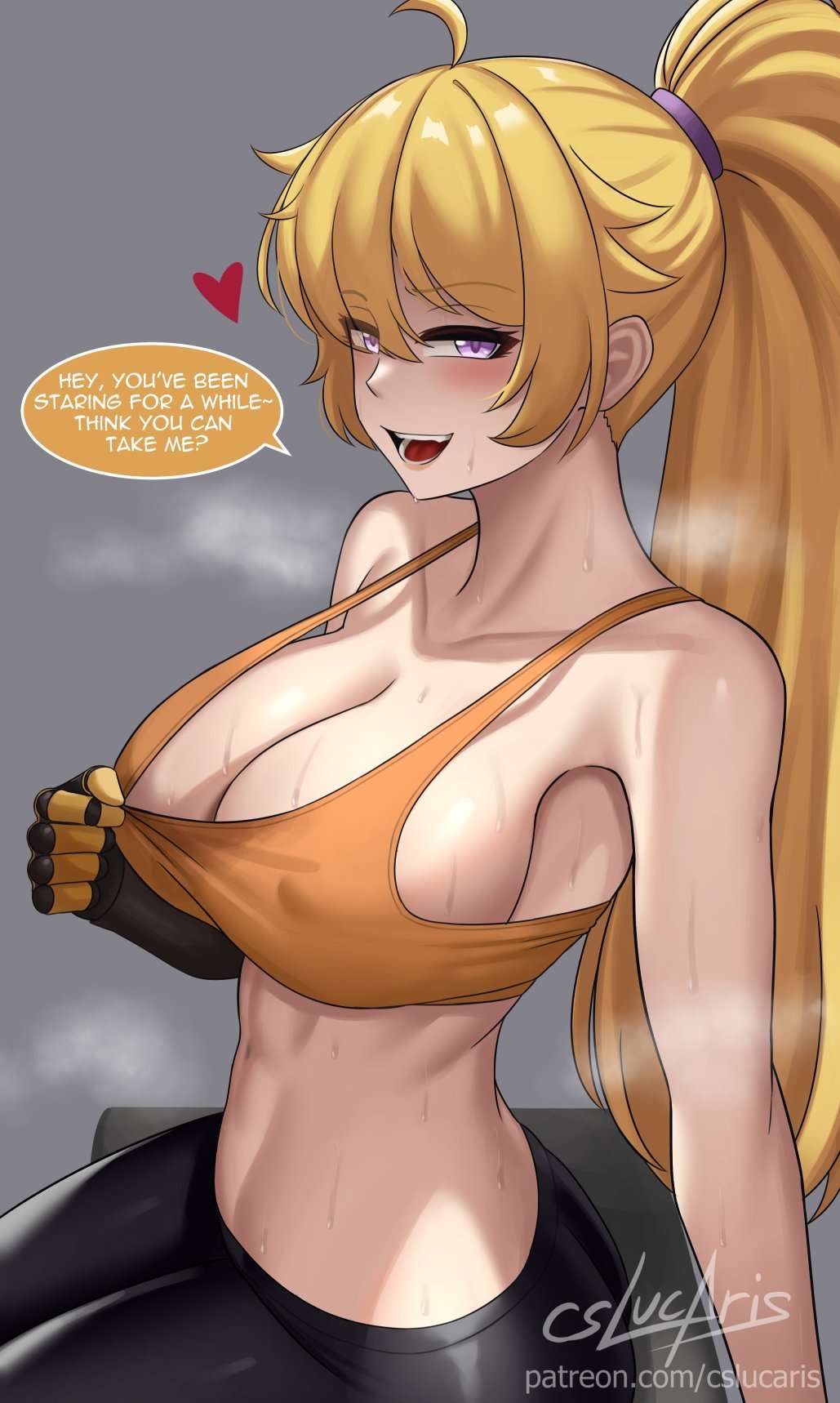 1girls blonde_female blonde_hair blush breasts cleavage cslucaris looking_at_viewer midriff naughty_face navel ponytail purple_eyes robotic_arm rwby sensual smile solo sweat sweaty_body tank_top tank_top_pull teasing toned yang_xiao_long yoga_pants