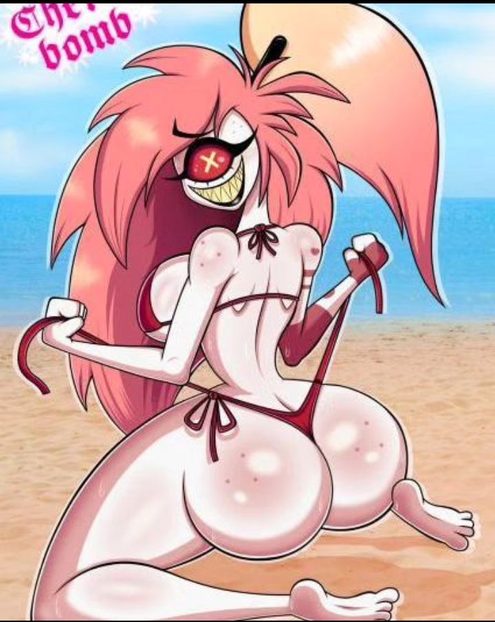 artist request, ass, ass focus, beach, big ass, bikini, bottom heavy, breasts, cherri bomb, female, freckles, freckles on ass, freckles on face, hazbin hotel, hourglass figure, large breasts, looking at viewer, pulling panties, red bikini, red clothing, red hair, sand, summer, thick thighs, wide hips