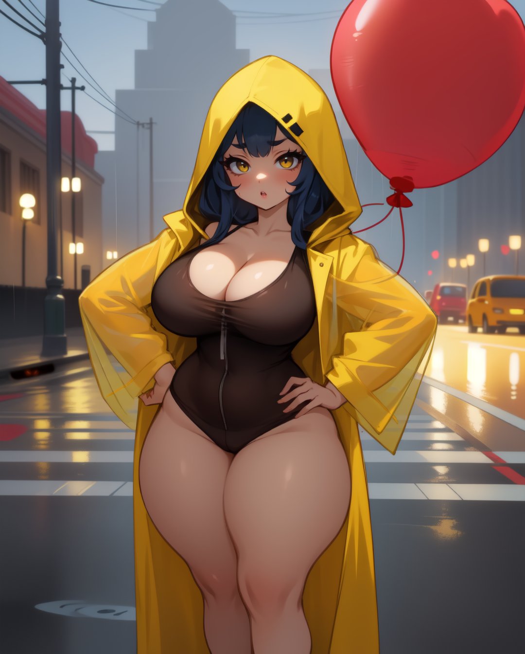 1girls ai_generated big_breasts blue_hair breasts cleavage curvy female female_only hourglass_figure looking_at_viewer male_character_(cosplay) original raincoat rocksolidart solo solo_female thick_thighs voluptuous wide_hips